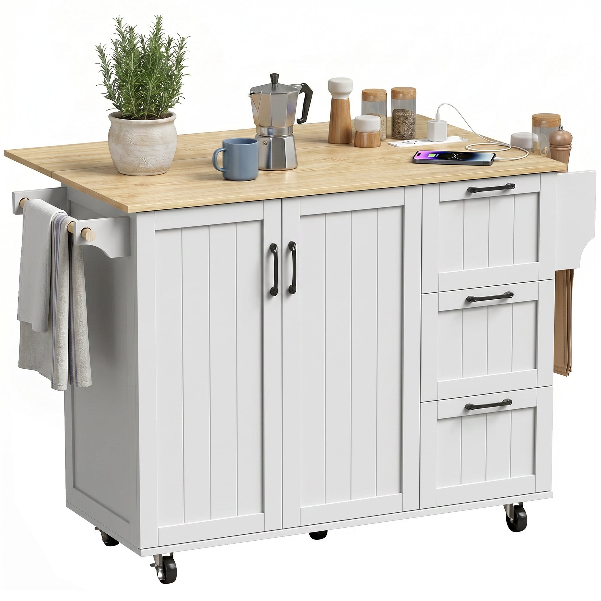 Îlot Central Cuisine avec Plateau Rabattable 2 Prises et 2 Ports USB Desserte de Cuisine sur Roulettes 3 Tiroirs 2 Portes Porte-Serviettes Porte-Épices Étagère Réglable 134,5x75,2x90,5cm Blanc