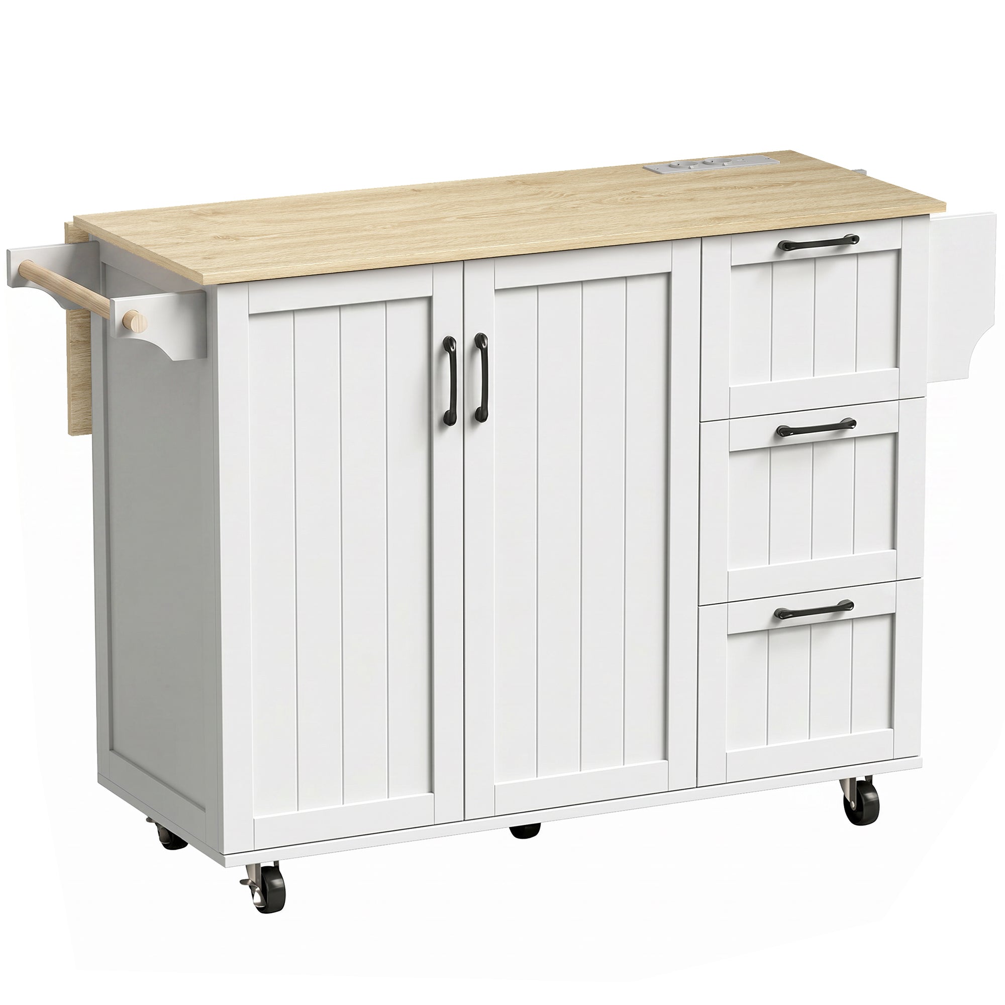 Îlot Central Cuisine avec Plateau Rabattable 2 Prises et 2 Ports USB Desserte de Cuisine sur Roulettes 3 Tiroirs 2 Portes Porte-Serviettes Porte-Épices Étagère Réglable 134,5x75,2x90,5cm Blanc