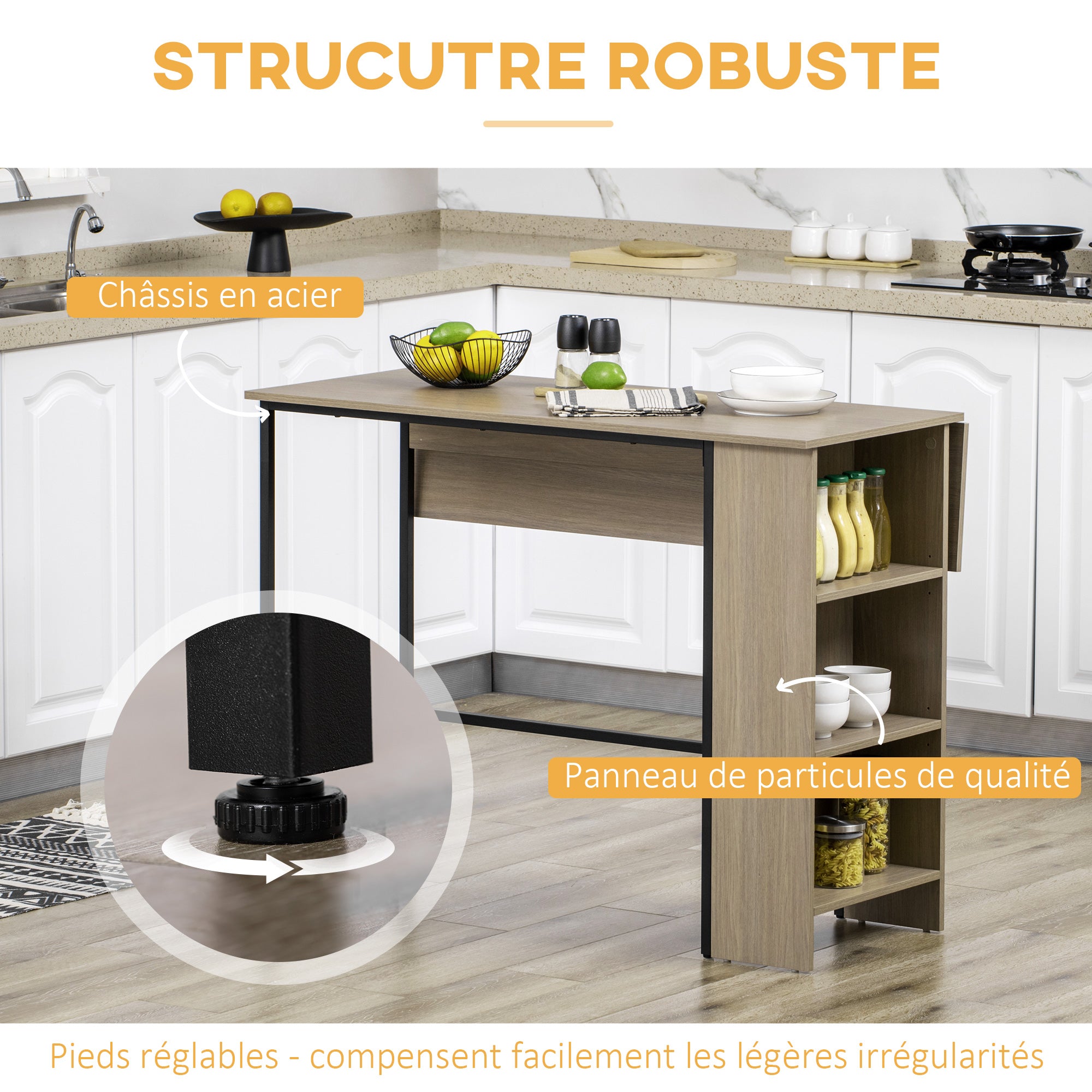 Table de bar avec rangement Table Bistrot Ilot central plateau latéral rabattable et 3 étagères - 120 x 76 x 91,4 cm