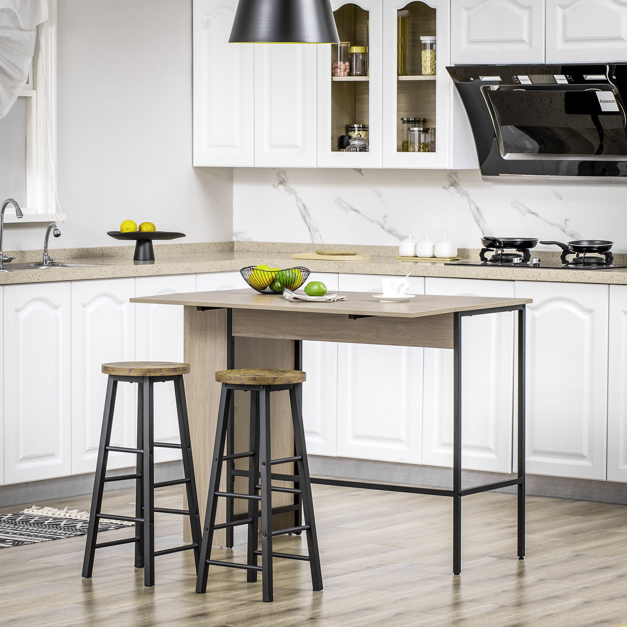 Table de bar avec rangement Table Bistrot Ilot central plateau latéral rabattable et 3 étagères - 120 x 76 x 91,4 cm