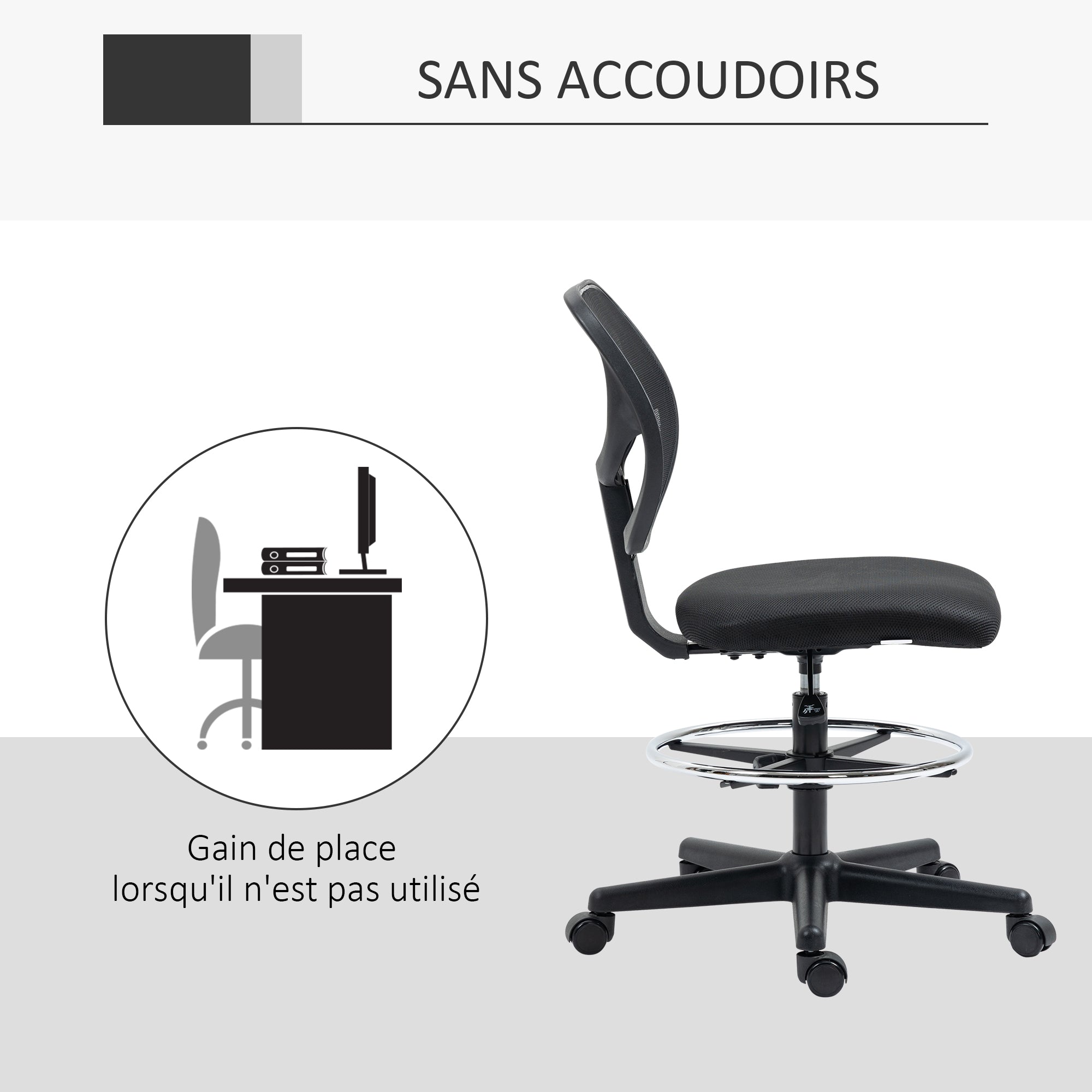 Chaise de bureau assise haute fauteuil de bureau en maille assise ergonomique hauteur réglable 50-70 cm avec repose-pied pivotant 360° noir