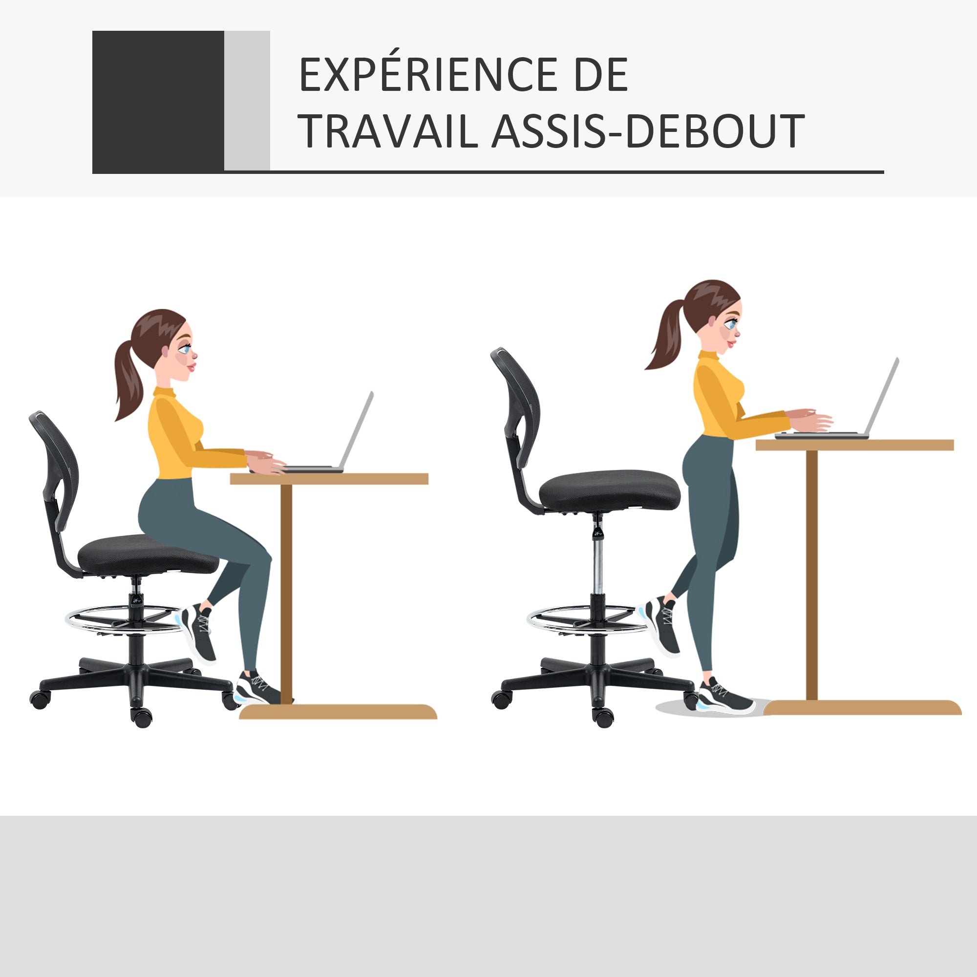 Chaise de bureau assise haute fauteuil de bureau en maille assise ergonomique hauteur réglable 50-70 cm avec repose-pied pivotant 360° noir