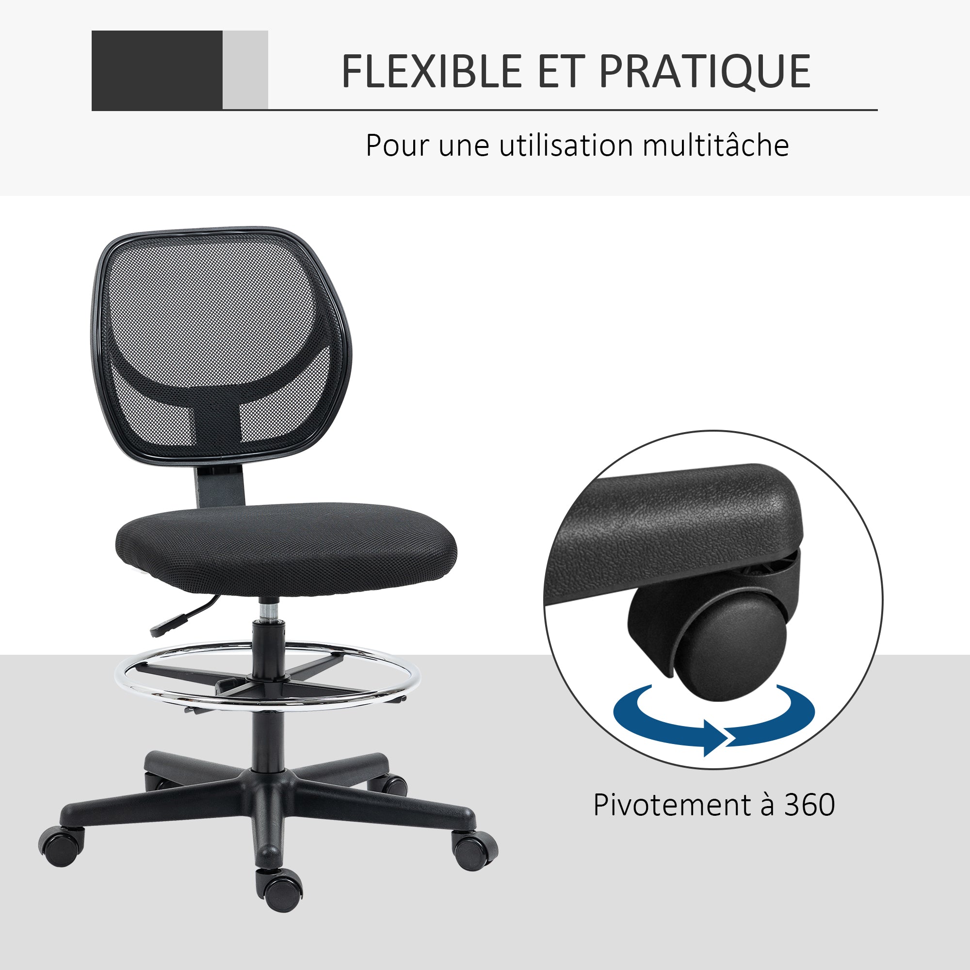 Chaise de bureau assise haute fauteuil de bureau en maille assise ergonomique hauteur réglable 50-70 cm avec repose-pied pivotant 360° noir
