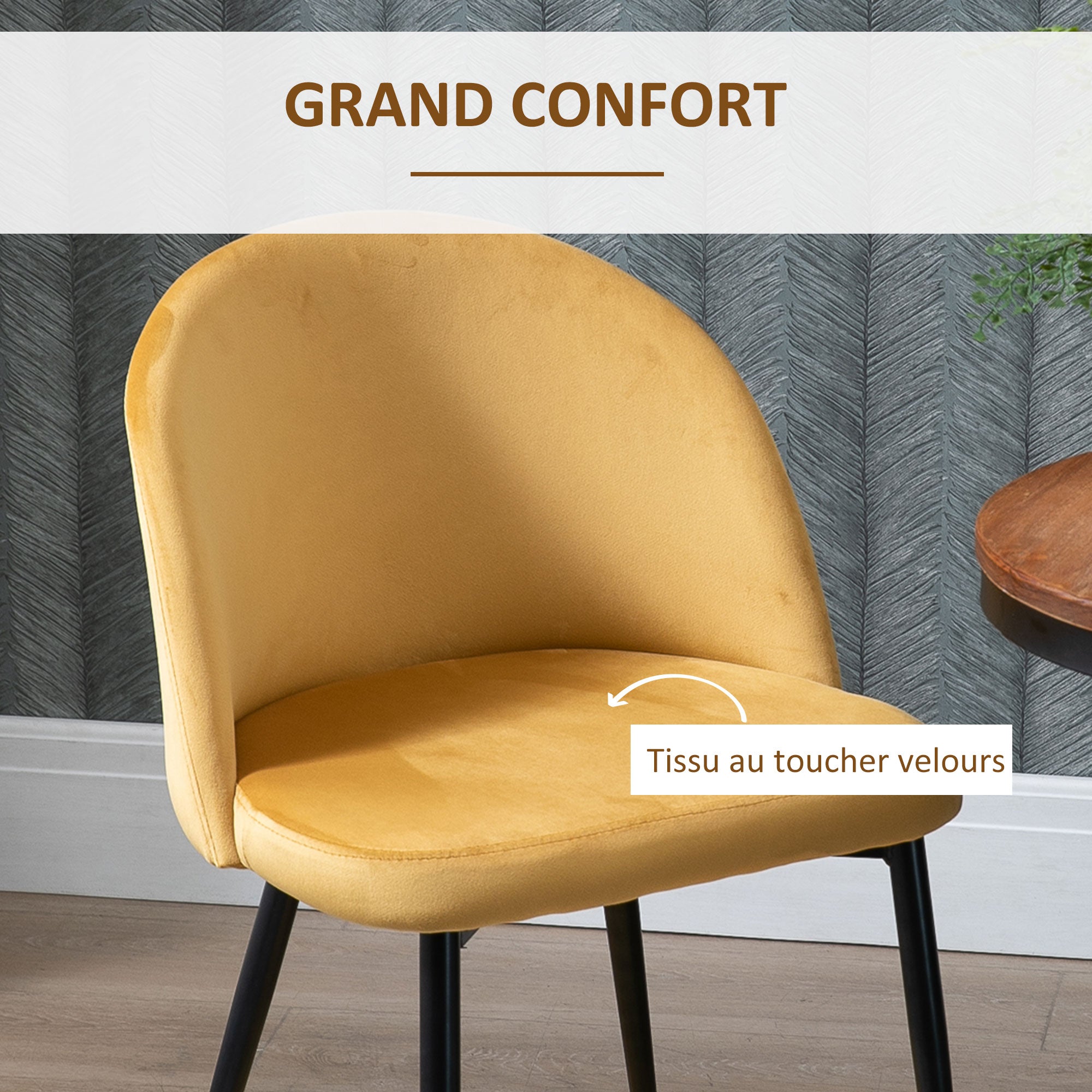 Lot de 2 chaises salle à manger chaise de cuisine scandinave chaise en velours rembourrée avec pieds effilés en métal, pour salon, salle à manger, jaune