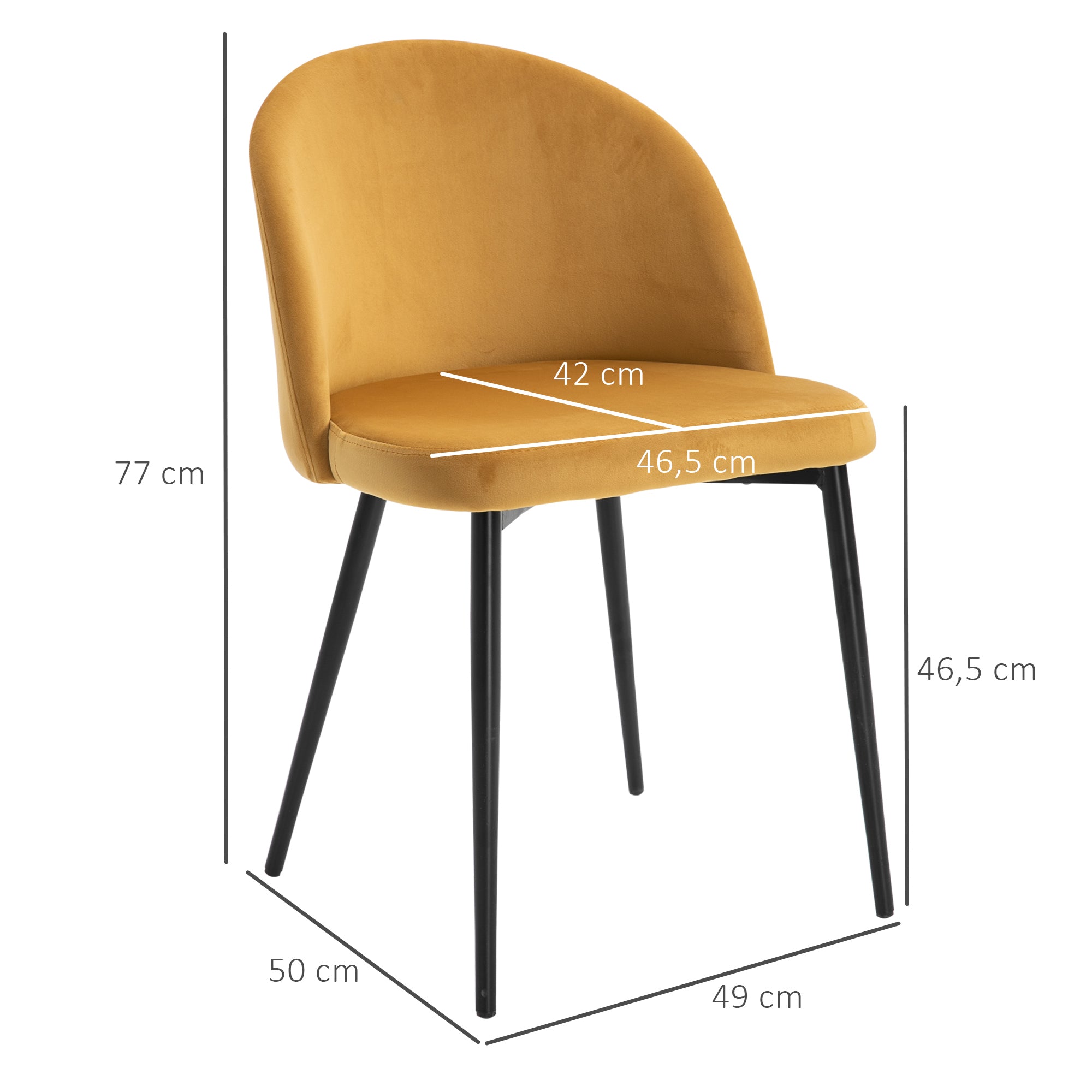 Lot de 2 chaises salle à manger chaise de cuisine scandinave chaise en velours rembourrée avec pieds effilés en métal, pour salon, salle à manger, jaune