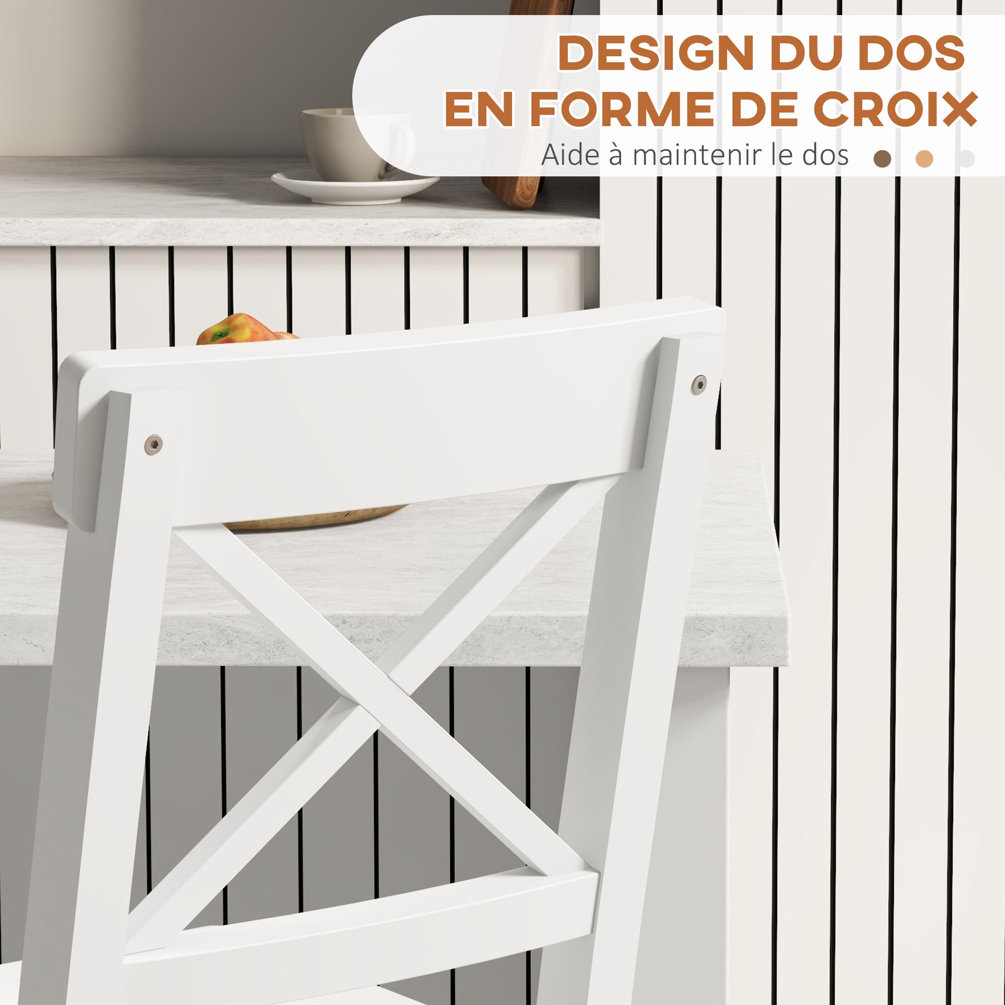 Lot de 2 chaises hautes, chaises de bar style campagne chic en bois hauteur 60 cm avec repose-pieds, dim. 41L x 46l x 97,5H cm blanc