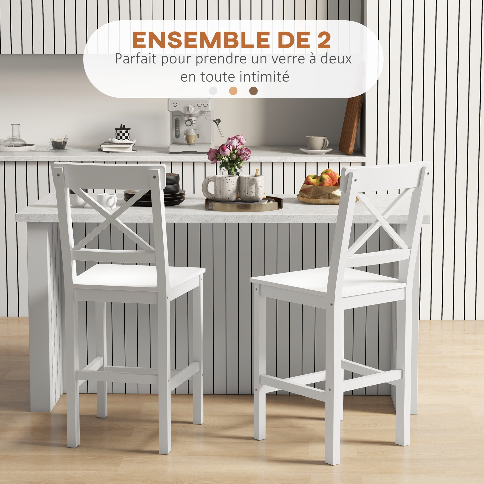 Lot de 2 chaises hautes, chaises de bar style campagne chic en bois hauteur 60 cm avec repose-pieds, dim. 41L x 46l x 97,5H cm blanc