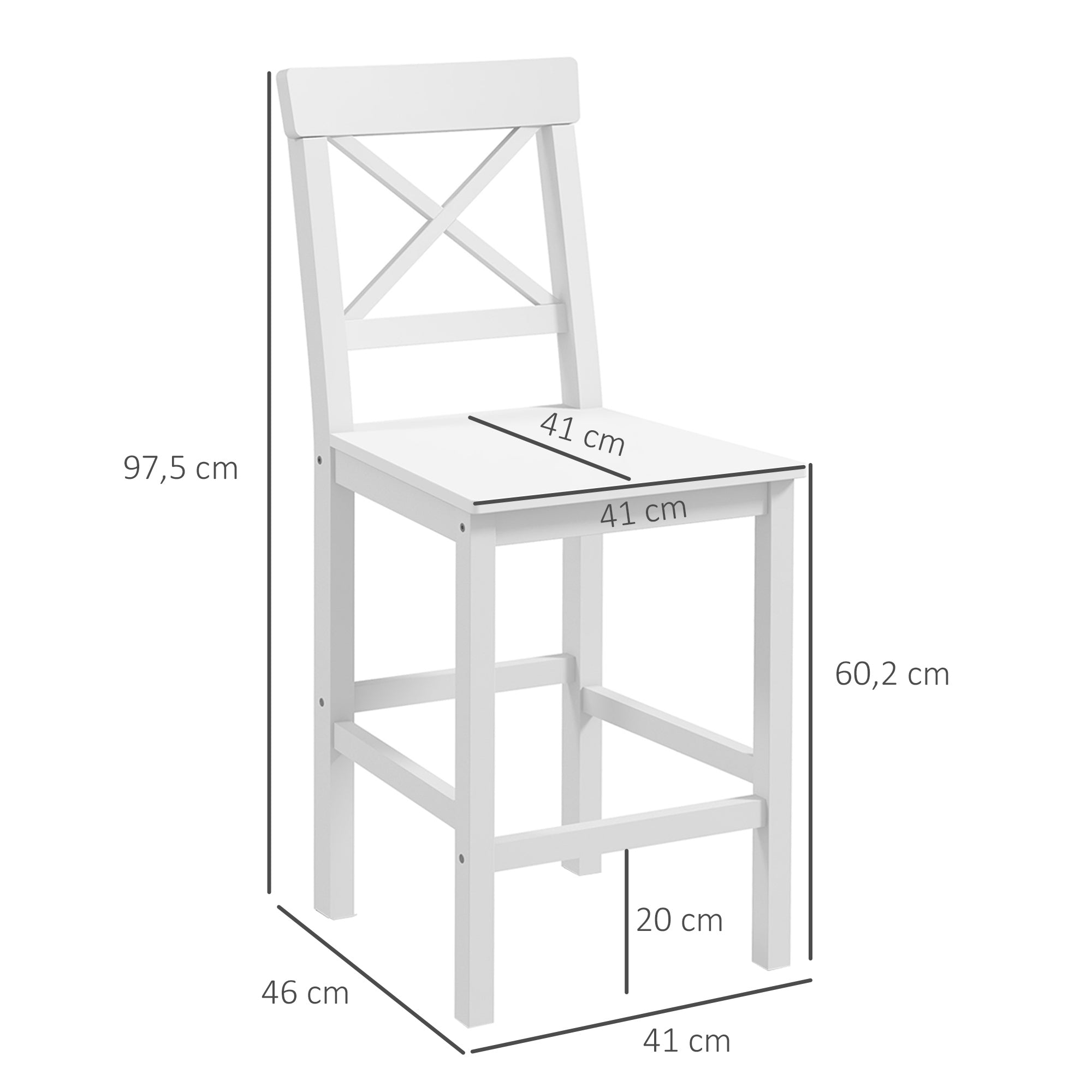 Lot de 2 chaises hautes, chaises de bar style campagne chic en bois hauteur 60 cm avec repose-pieds, dim. 41L x 46l x 97,5H cm blanc