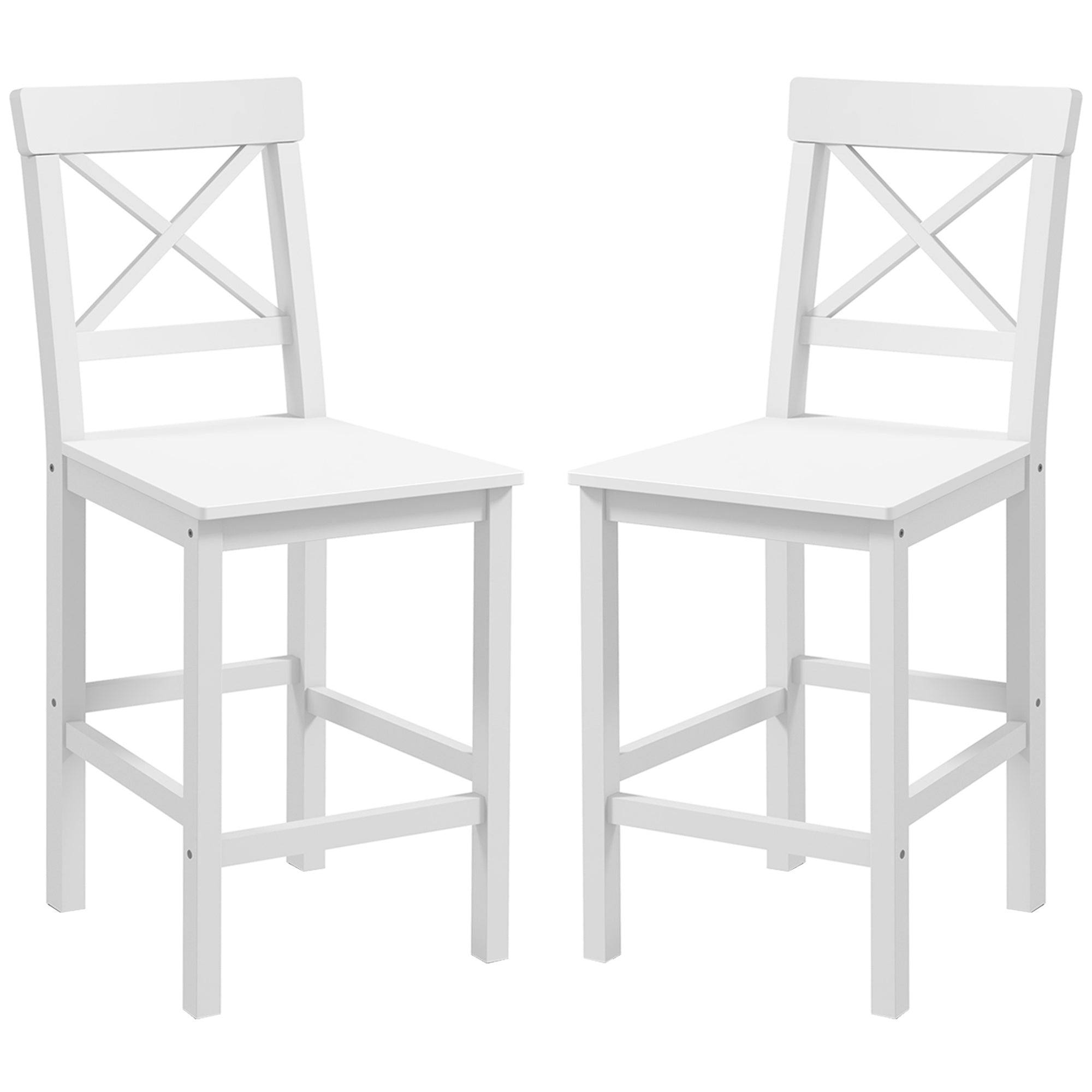 Lot de 2 chaises hautes, chaises de bar style campagne chic en bois hauteur 60 cm avec repose-pieds, dim. 41L x 46l x 97,5H cm blanc