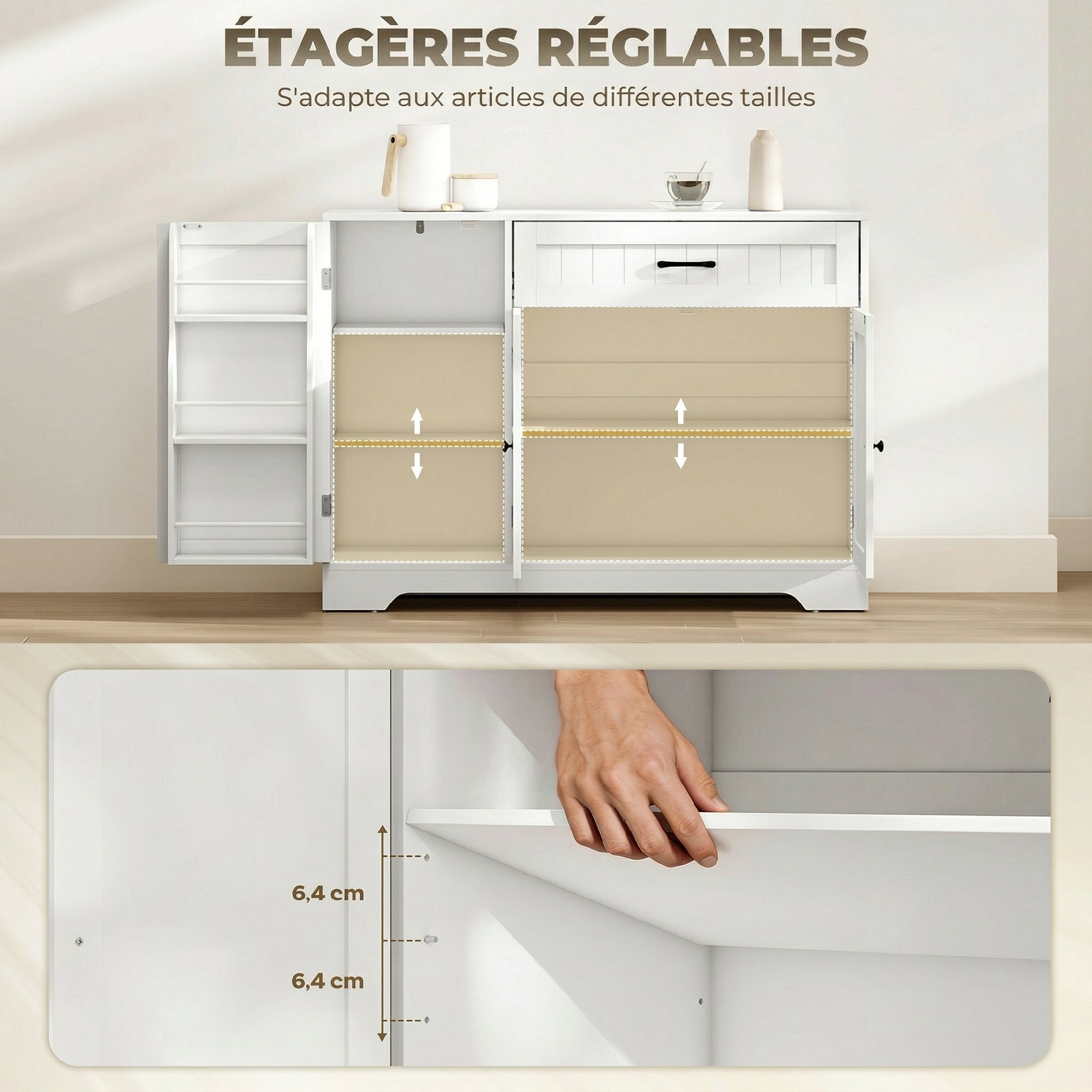 Buffet Cuisine, Meuble de Rangement avec Tiroir, 3 Portes à Fermeture Douce, Racks-Porte et Étagères Réglables, Meuble TV Jusqu'à 55 Pouces, pour Salon et Salle à Manger, 110x40x80cm, Blanc