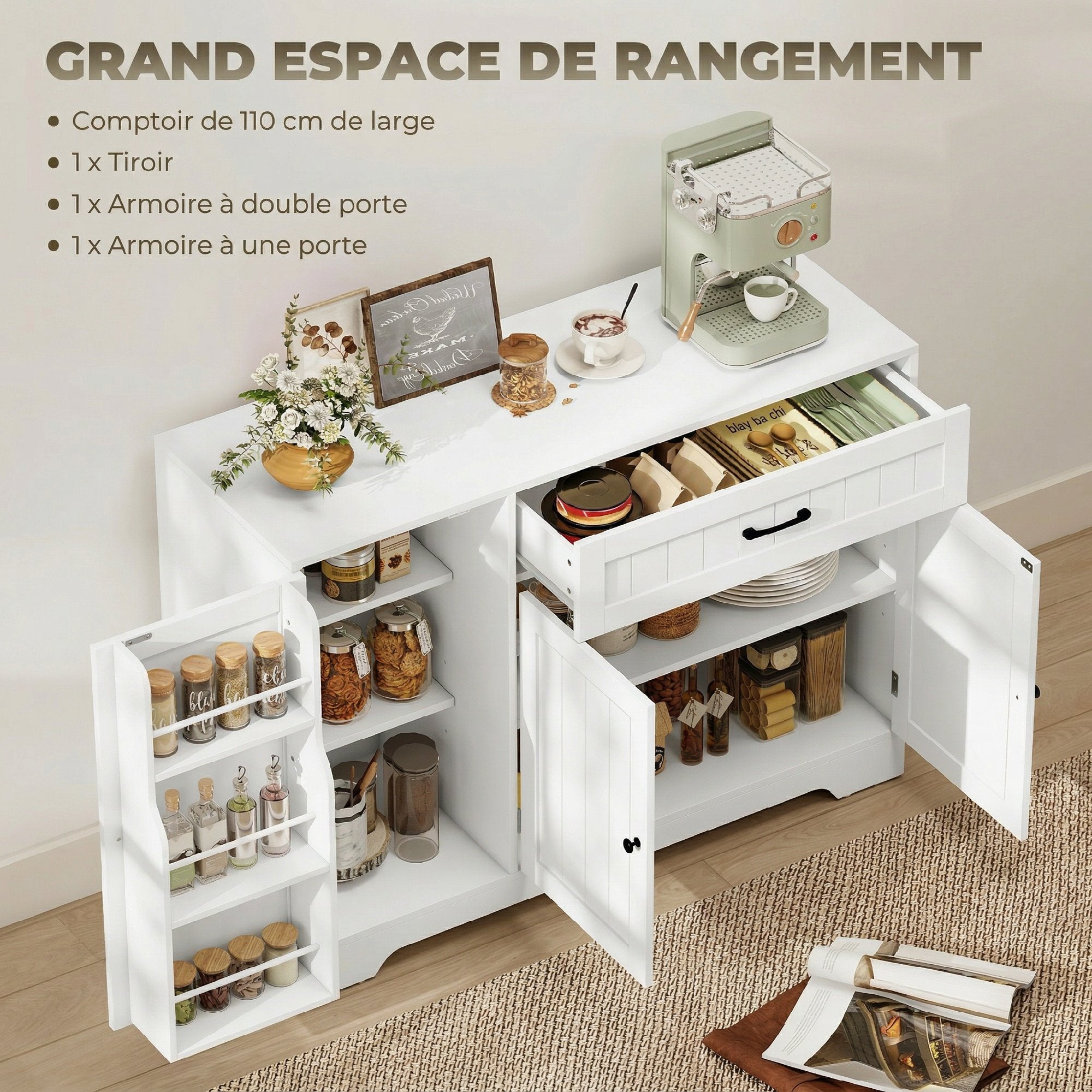Buffet Cuisine, Meuble de Rangement avec Tiroir, 3 Portes à Fermeture Douce, Racks-Porte et Étagères Réglables, Meuble TV Jusqu'à 55 Pouces, pour Salon et Salle à Manger, 110x40x80cm, Blanc
