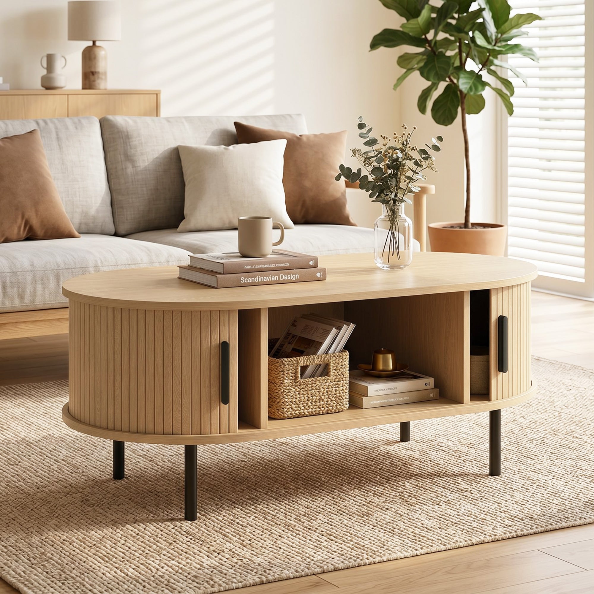 Table basse ovale en bois, table de salon moderne avec portes coulissantes et compartiments cachés, pieds en métal, pour chambre, séjour et bureau, 100 x 55 x 40 cm, effet bois naturel