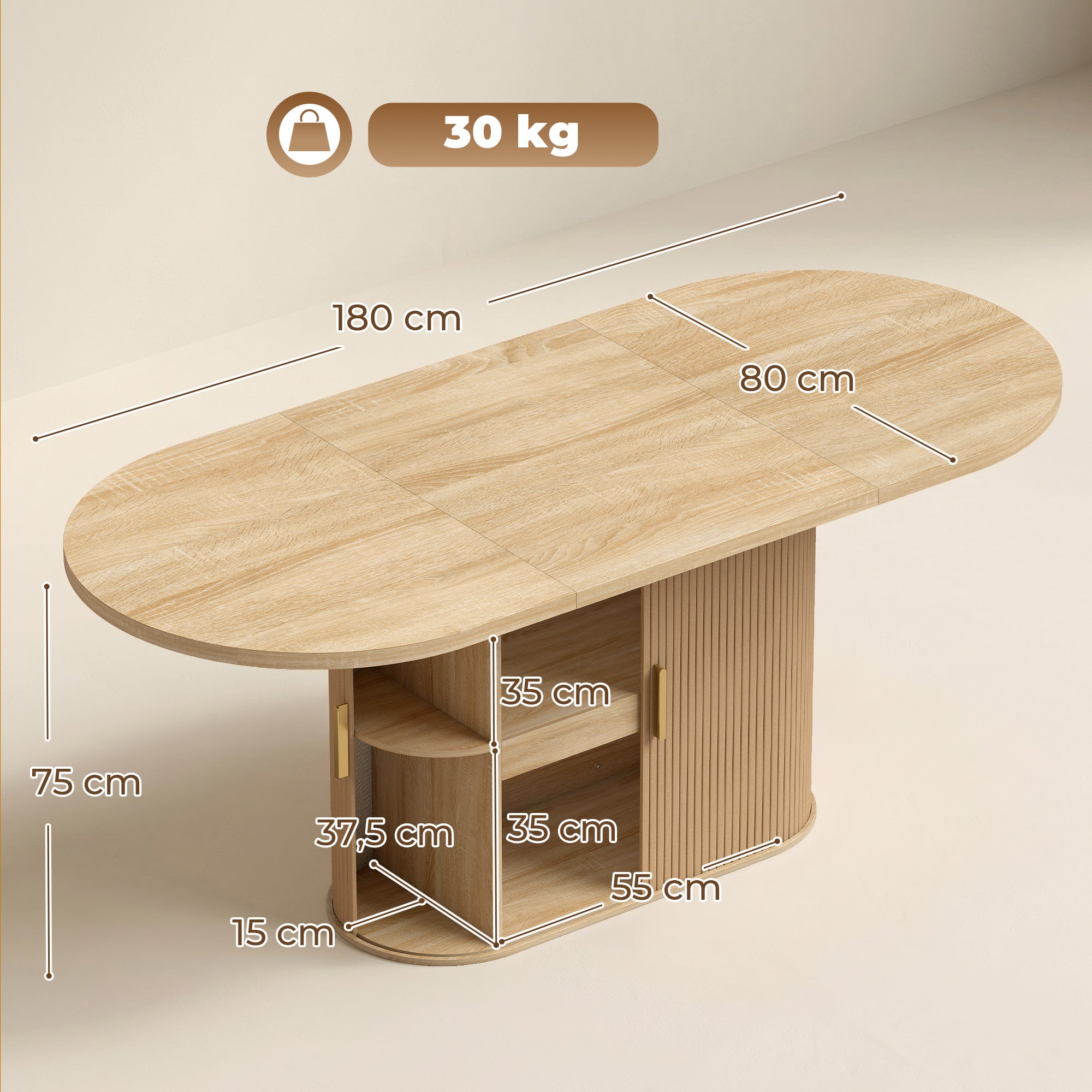 Table à Manger Ovale pour 6 personnes, 180x80x75cm - Table de Cuisine Moderne avec Portes Coulissantes, 6 Compartiments - Style Farmhouse Moderne, pour Salle à Manger, Cuisine, Salon, Chêne
