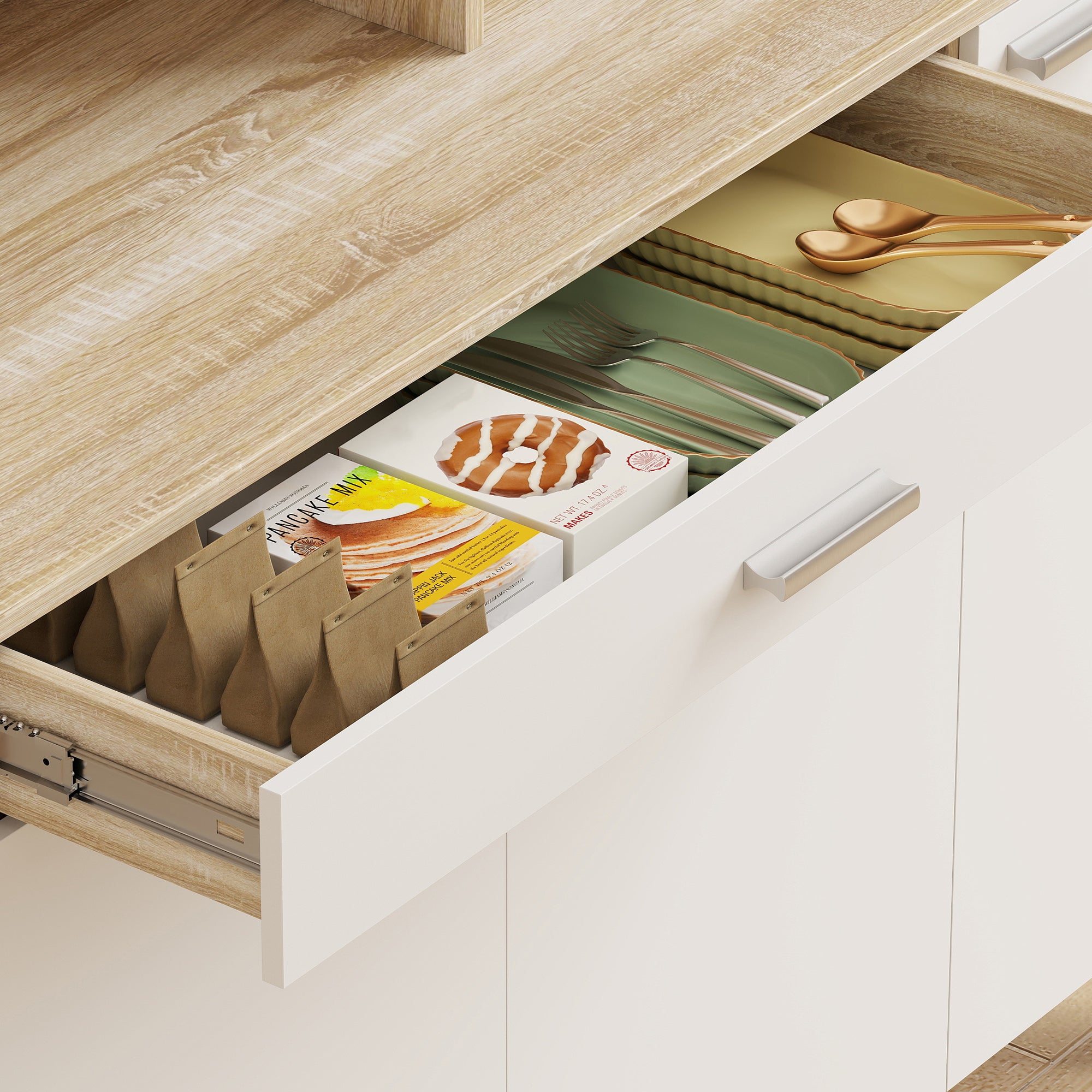 Buffet haut cuisine, armoire de cuisine, vaisselier, 6 portes, tiroir et étagères ouvertes, style moderne, meuble de rangement pour salon, salle à manger, 120x40x175cm, blanc et bois naturel