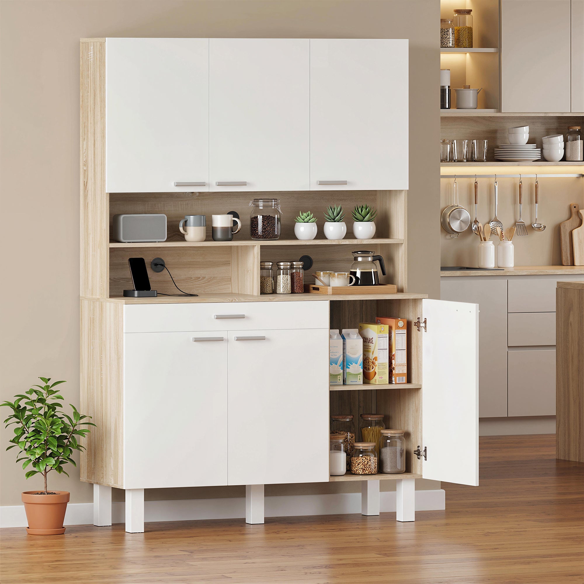 Buffet haut cuisine, armoire de cuisine, vaisselier, 6 portes, tiroir et étagères ouvertes, style moderne, meuble de rangement pour salon, salle à manger, 120x40x175cm, blanc et bois naturel