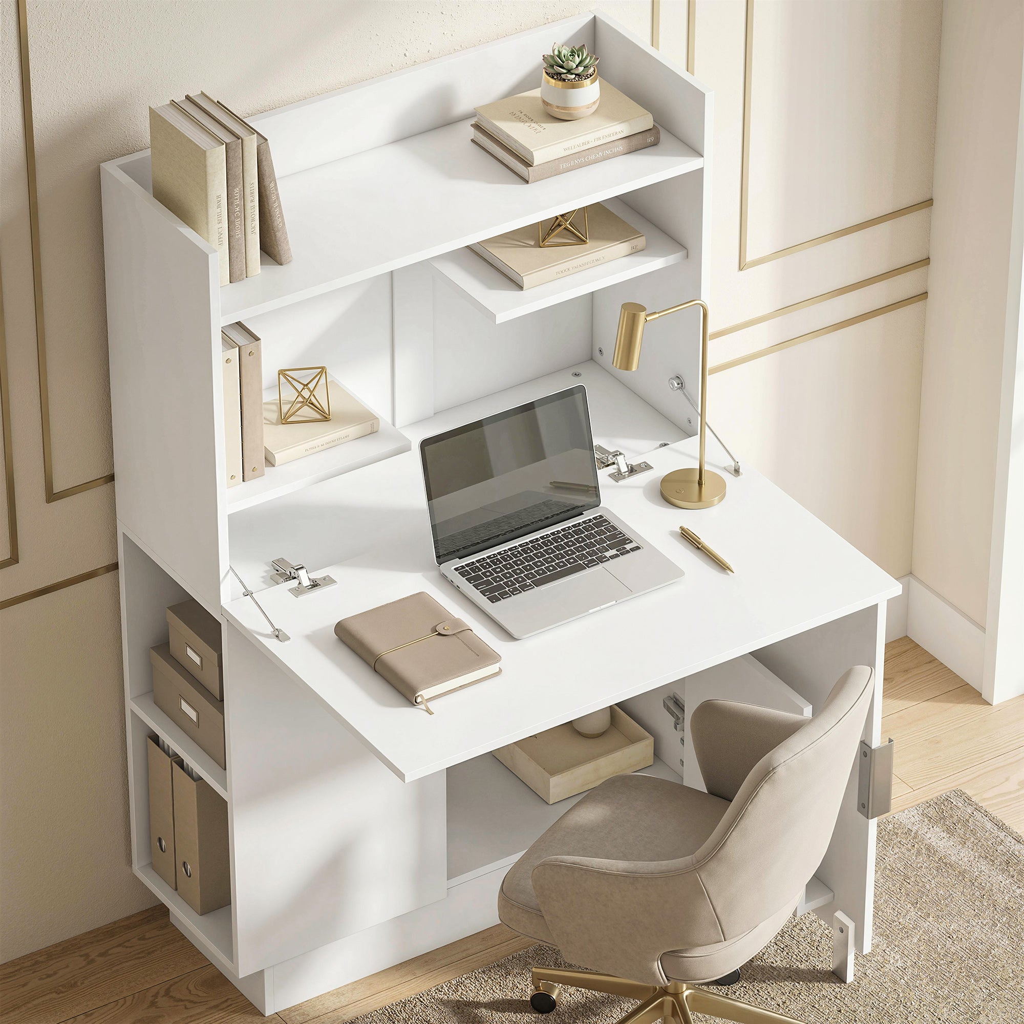 Bureau Pliant, Bureau Informatique avec Plateau Rabattable, Étagères de Rangement et Placard, Style Moderne, 80 x 30 x 128 cm, Blanc