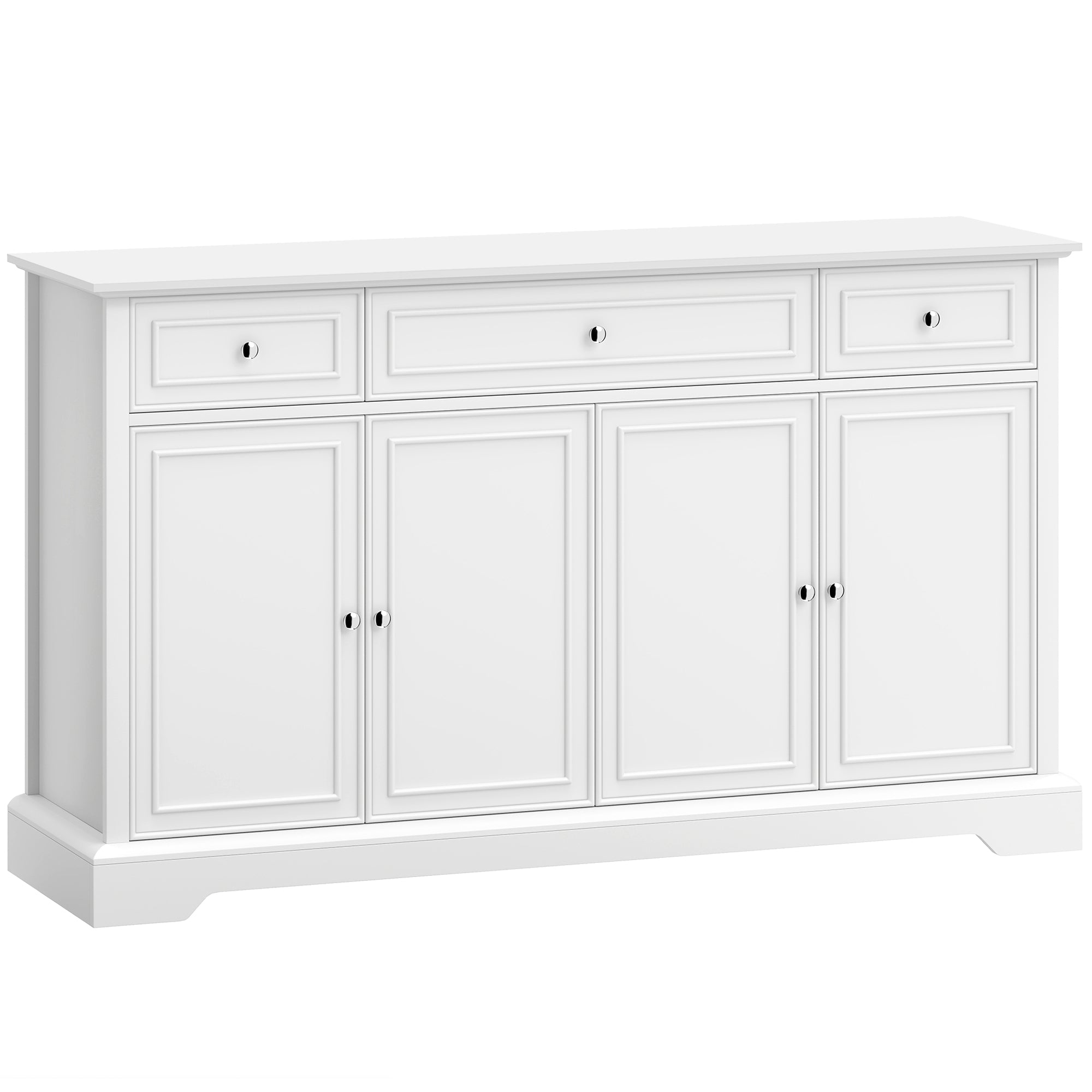 Buffet salon, meuble de rangement avec 3 tiroirs, 4 portes à fermeture douce et étagères réglables, style moderne, meuble TV jusqu'à 55", buffet salle à manger et cuisine, 136x38x80cm, blanc