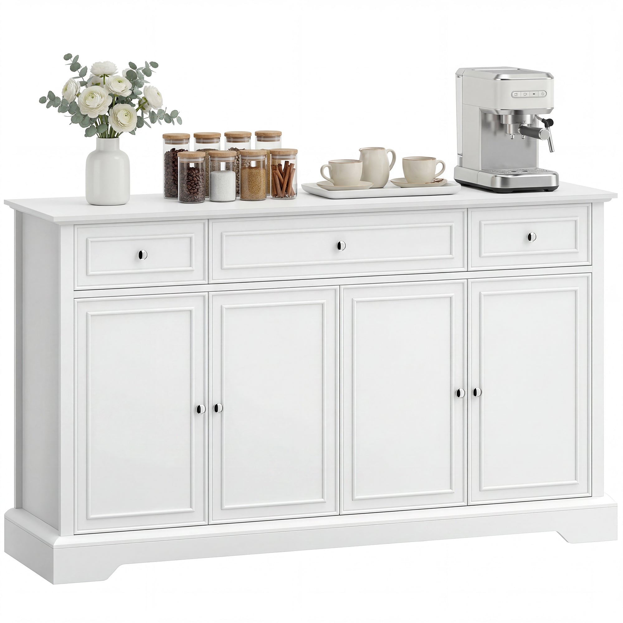 Buffet salon, meuble de rangement avec 3 tiroirs, 4 portes à fermeture douce et étagères réglables, style moderne, meuble TV jusqu'à 55", buffet salle à manger et cuisine, 136x38x80cm, blanc