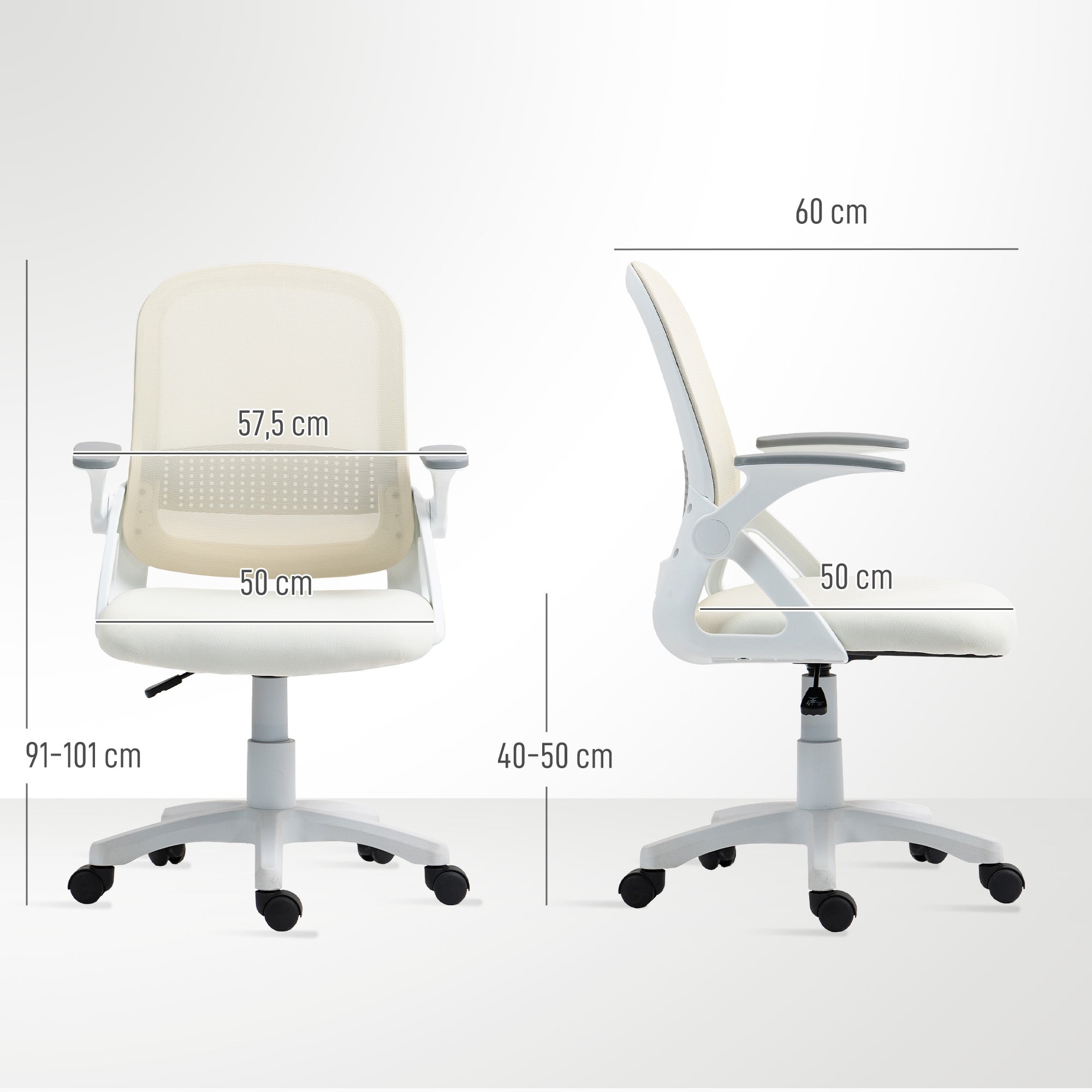 Chaise bureau ergonomique, fauteuil de bureau en maille avec accoudoirs relevables, hauteur réglable, soutien lombaire et pivotant à 360°, 57,5 x 60 x 101 cm, blanc