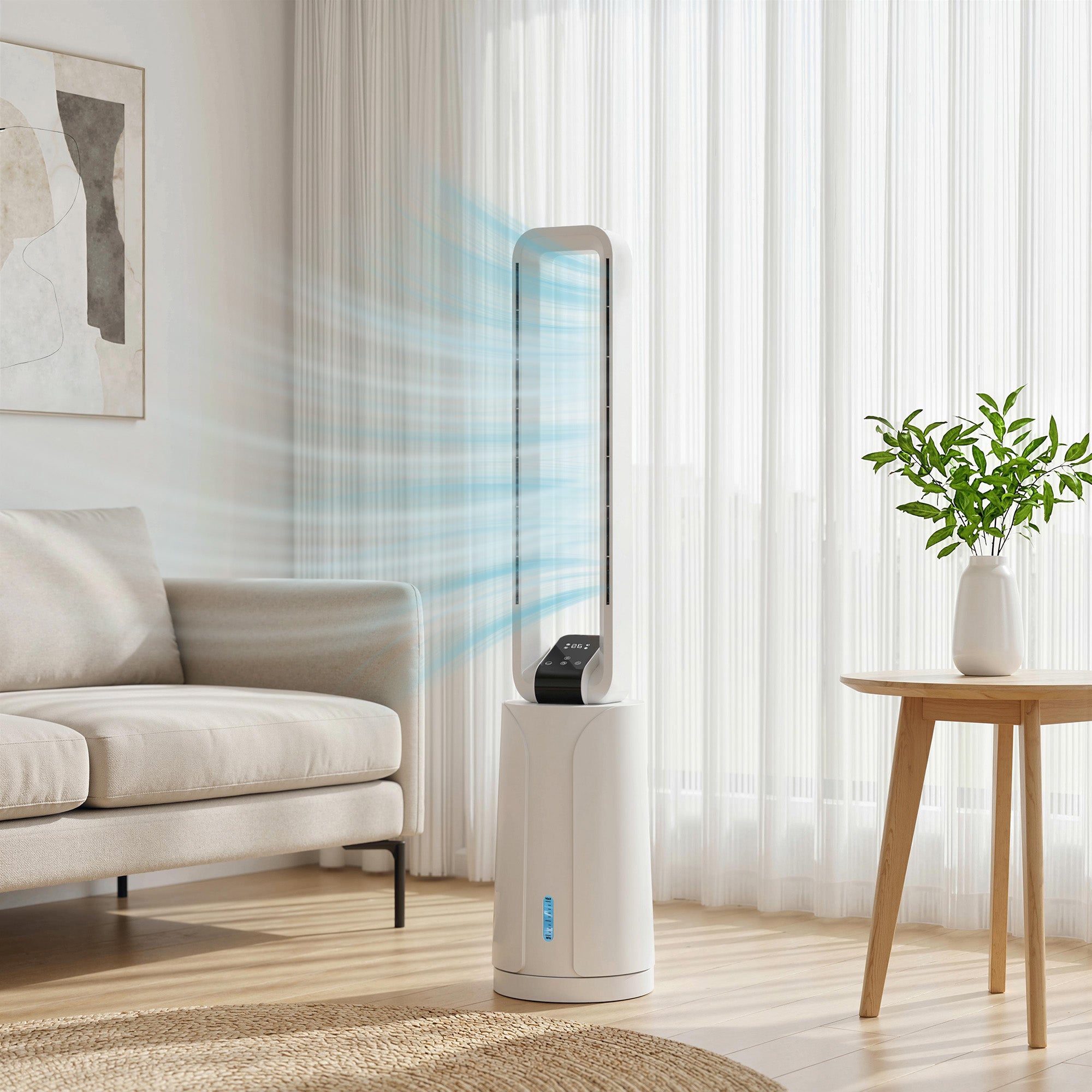 Refroidisseur d'air par évaporation portable 3 en 1 humidificateur et ventilateur, 2 blocs réfrigérants, réservoir d'eau de 1,7 L, minuterie 15 h, oscillation à 70°, télécommande, blanc