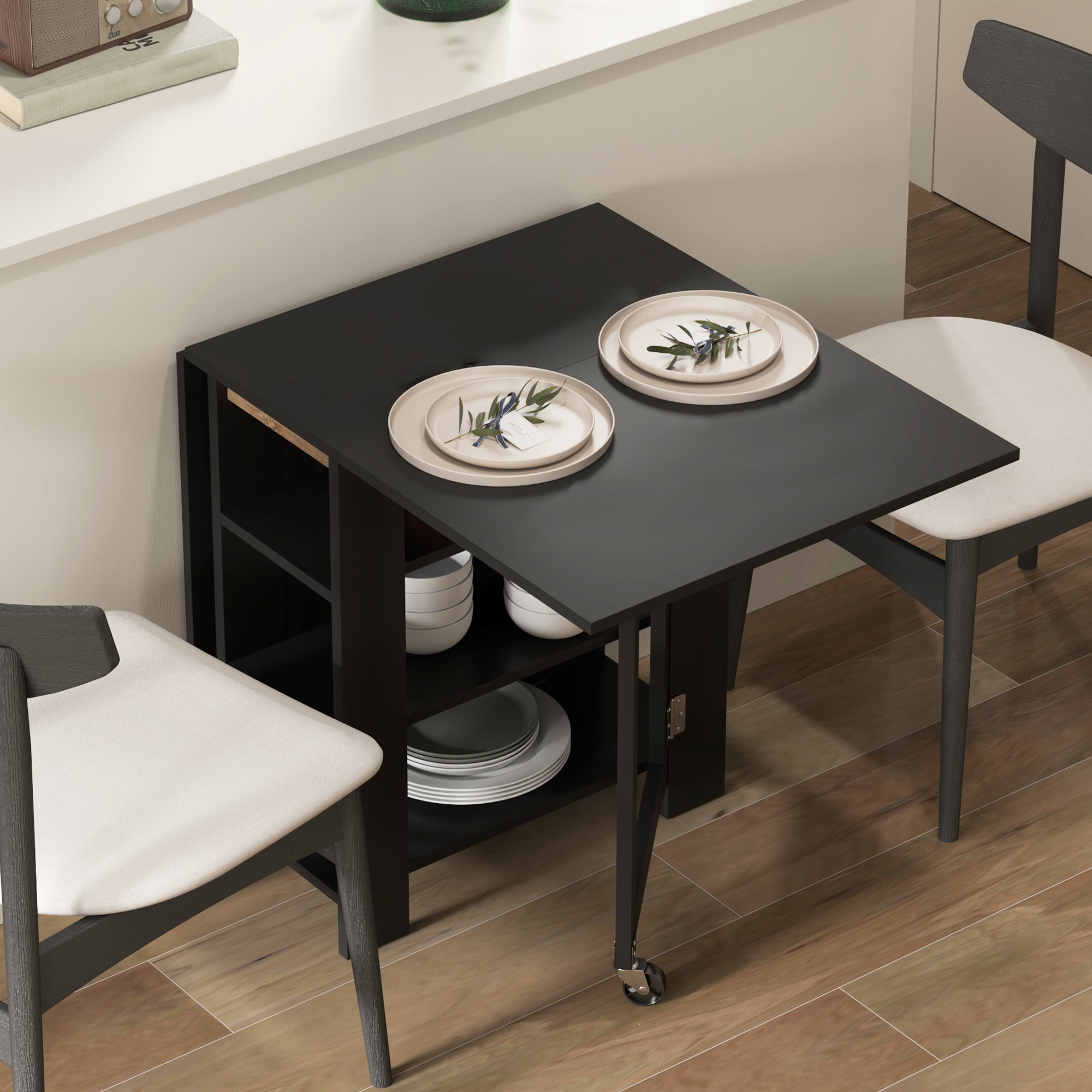 Table à manger pliable, table pliante cuisine, sur roulettes, avec 2 abattants et 3 étagères, design moderne, table de cuisine pour petits espaces, 120 x 60 x 75 cm, noir