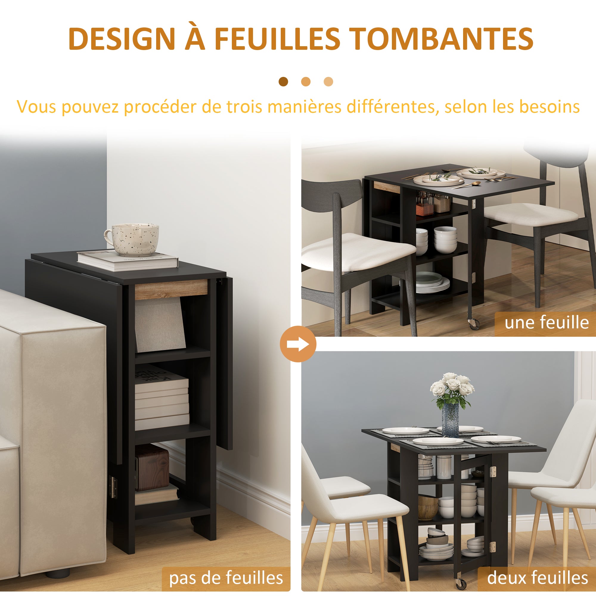 Table à manger pliable, table pliante cuisine, sur roulettes, avec 2 abattants et 3 étagères, design moderne, table de cuisine pour petits espaces, 120 x 60 x 75 cm, noir