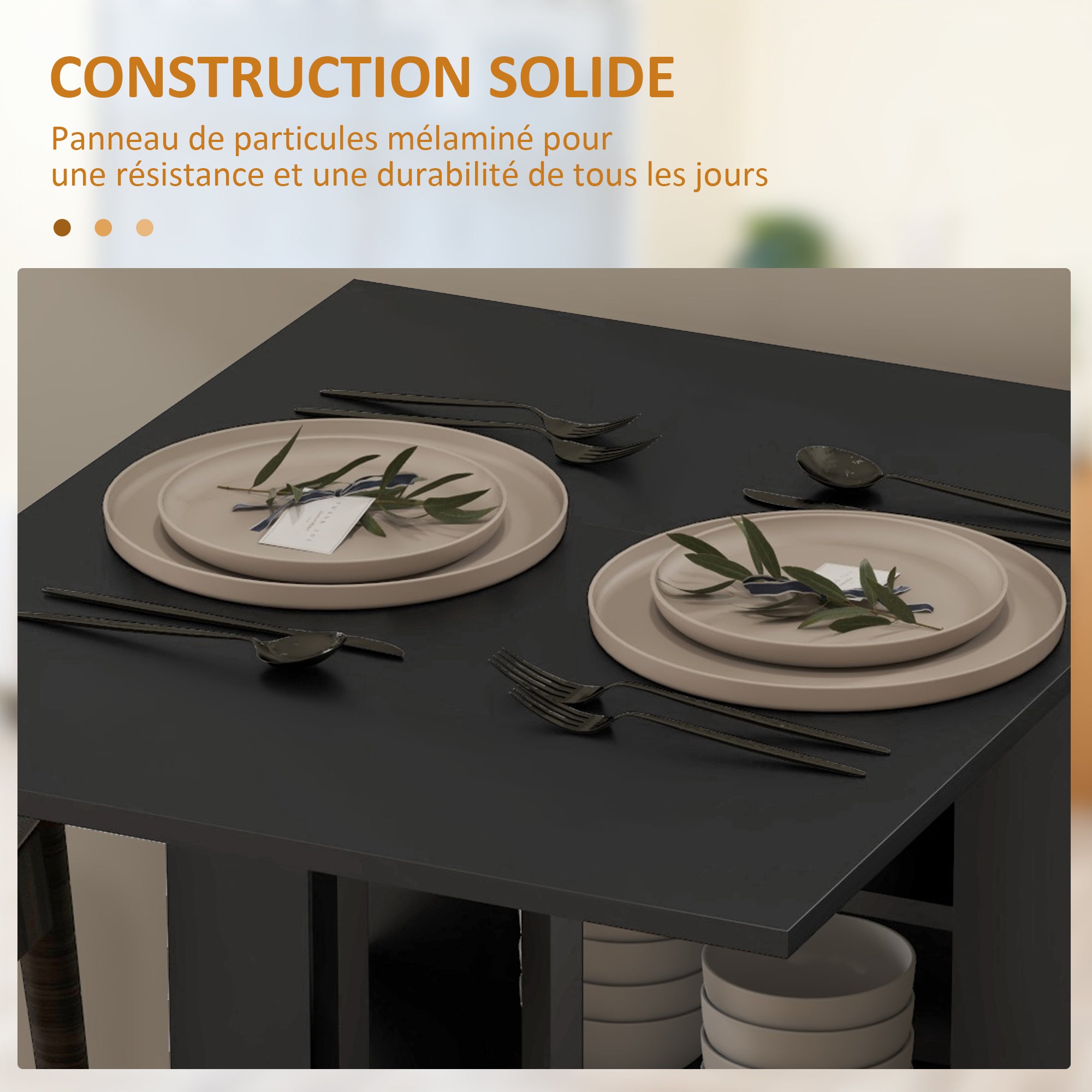 Table à manger pliable, table pliante cuisine, sur roulettes, avec 2 abattants et 3 étagères, design moderne, table de cuisine pour petits espaces, 120 x 60 x 75 cm, noir