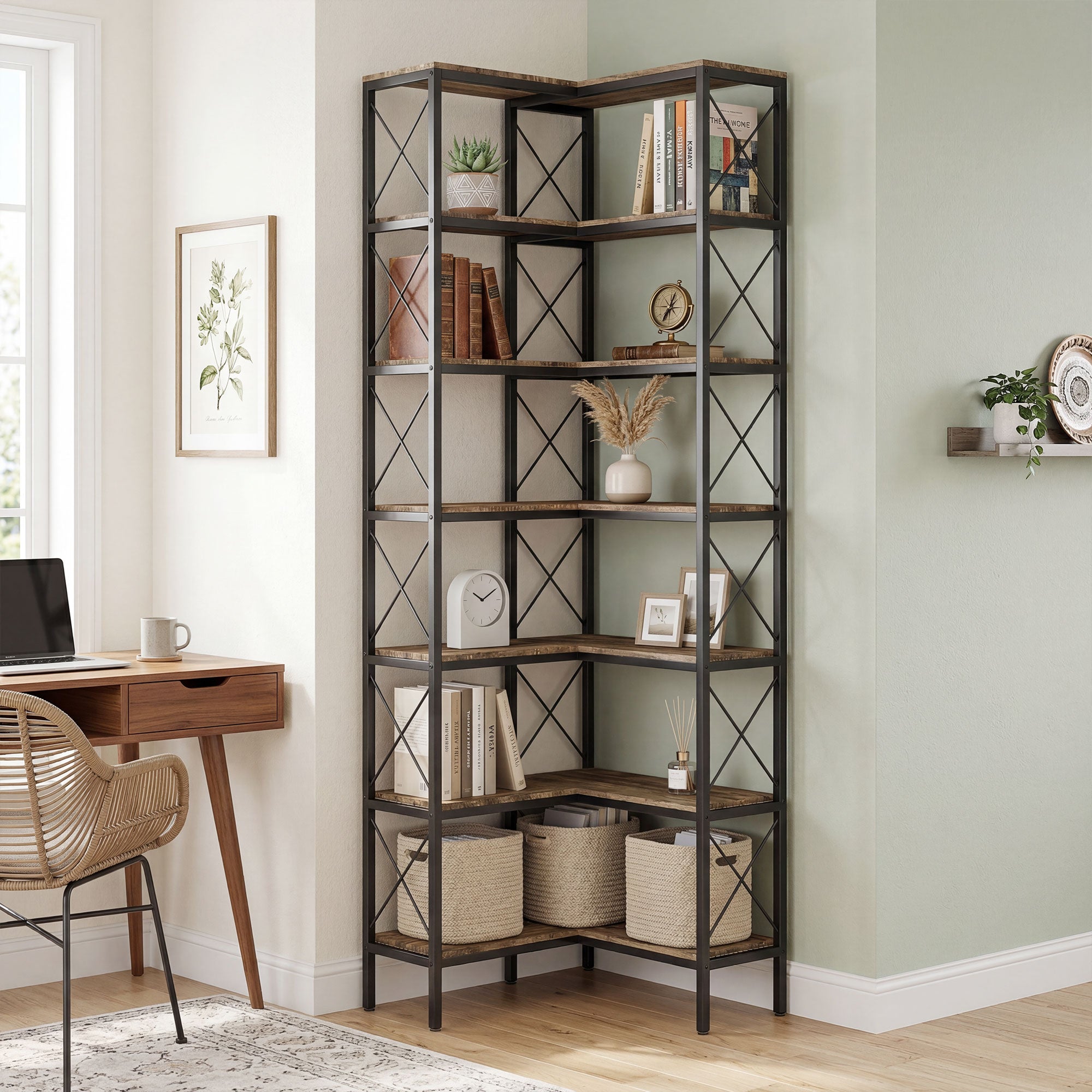 Bibliothèque d'angle à 6 niveaux, étagère à livres, meuble de rangement industriel pour salon, chambre, bureau, cadre en métal, 60 x 60 x 200 cm, brun rustique