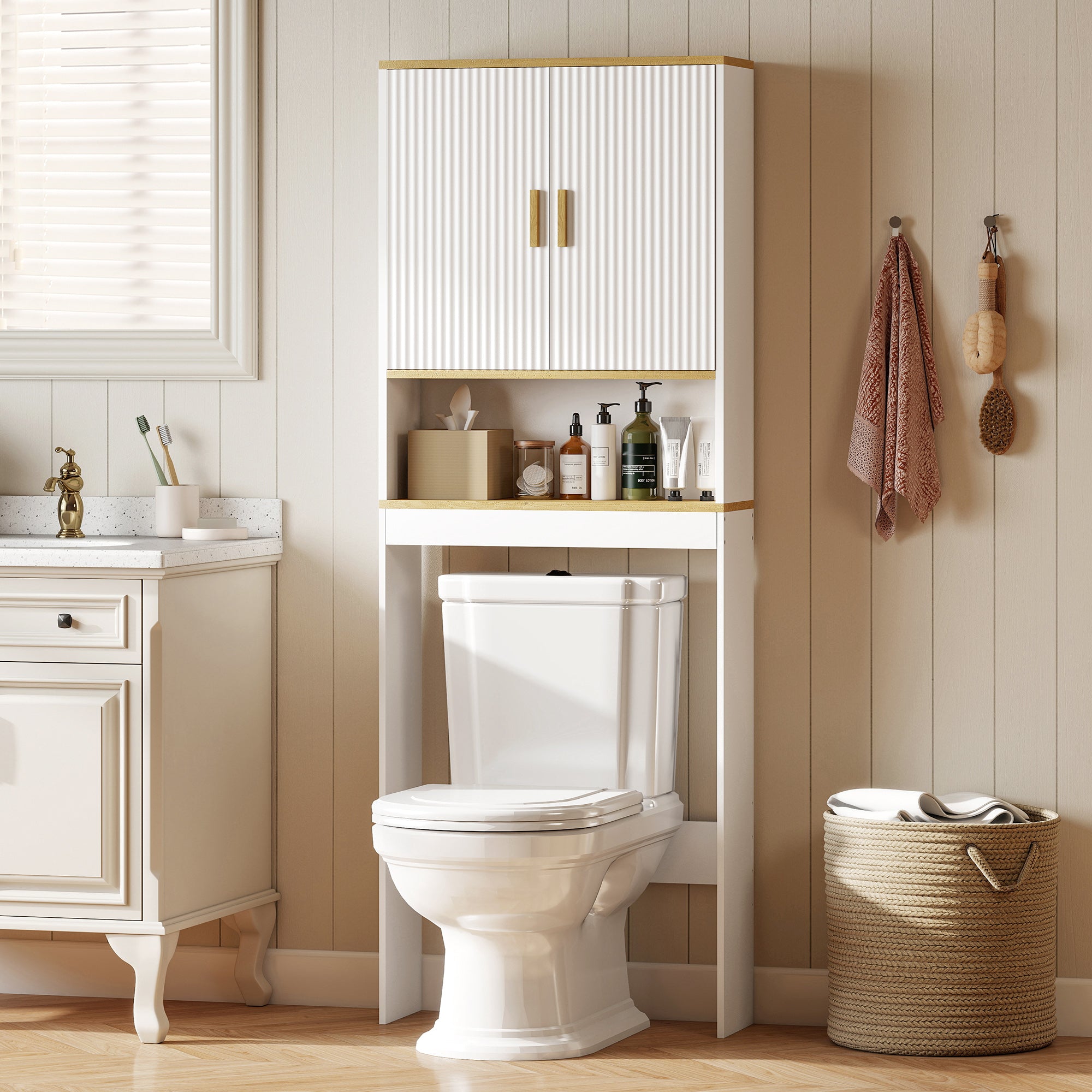 Meuble WC rangement au-dessus des toilettes à 3 niveaux, étagère de toilettes avec étagères réglables, meuble de salle de bain, 64 x 20 x 170,5 cm, blanc et chêne