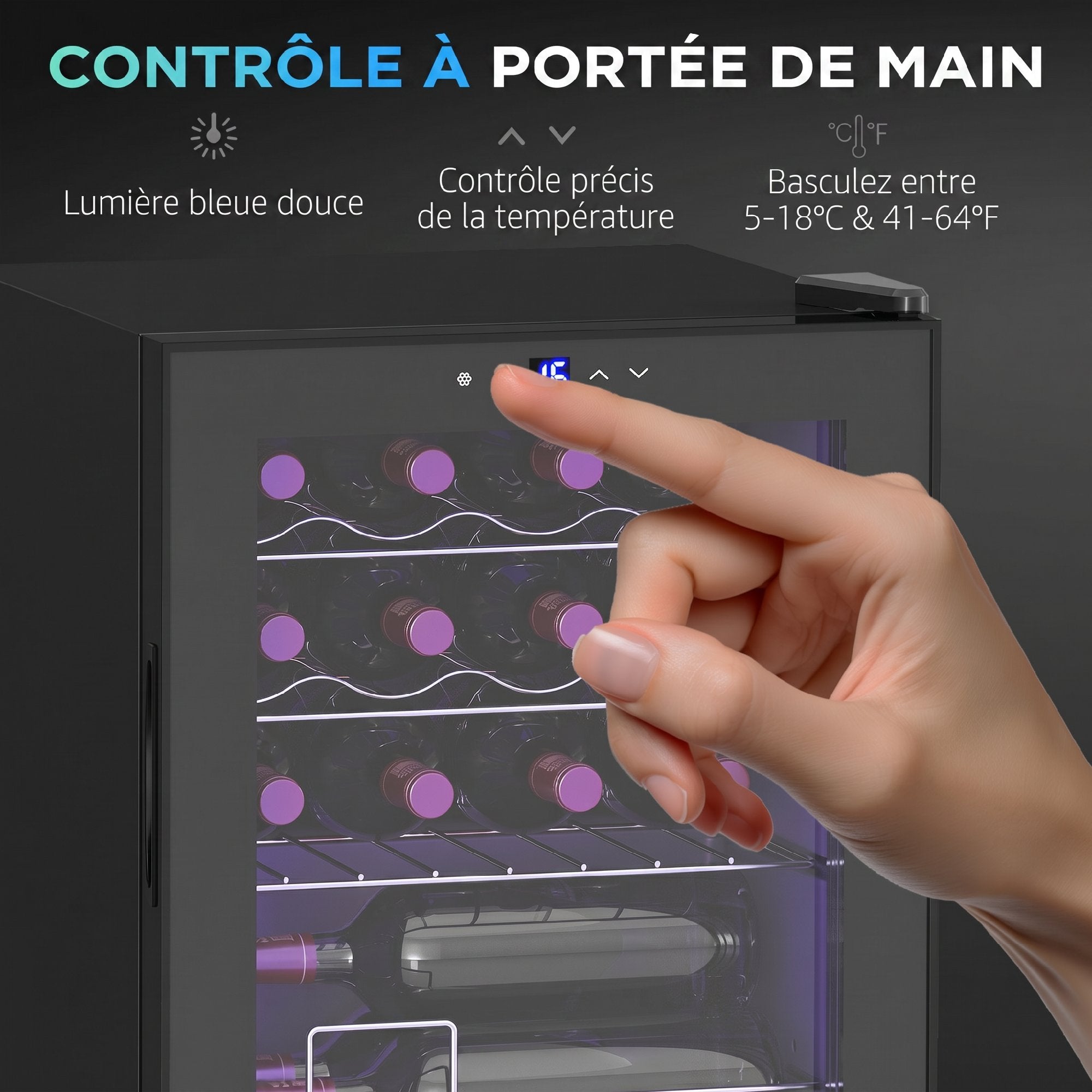 Cave à Vin 16 Bouteilles 42L, Réfrigérateur à Vin et Boissons avec Température Réglable 5-18°C, Porte en Verre Trempé, Étagères Ajustables, Écran Tactile, Éclairage LED, Noir