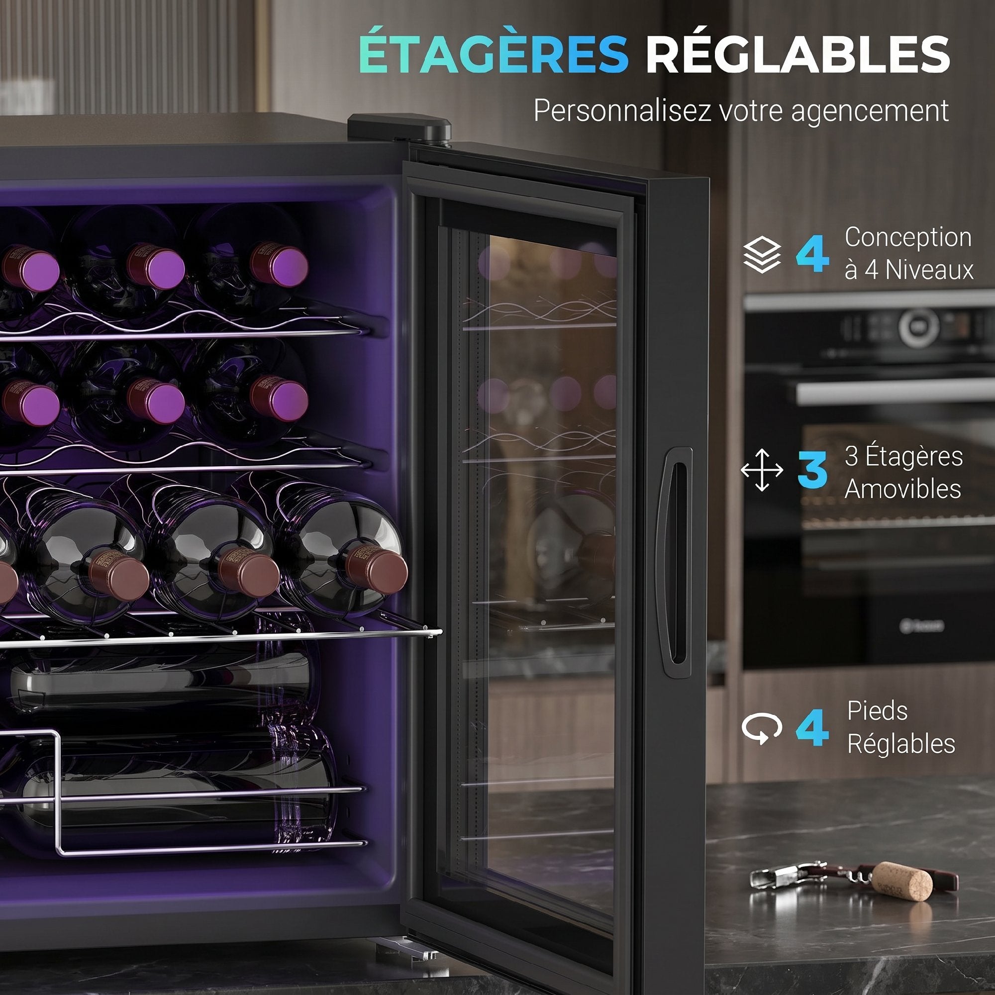 Cave à Vin 16 Bouteilles 42L, Réfrigérateur à Vin et Boissons avec Température Réglable 5-18°C, Porte en Verre Trempé, Étagères Ajustables, Écran Tactile, Éclairage LED, Noir