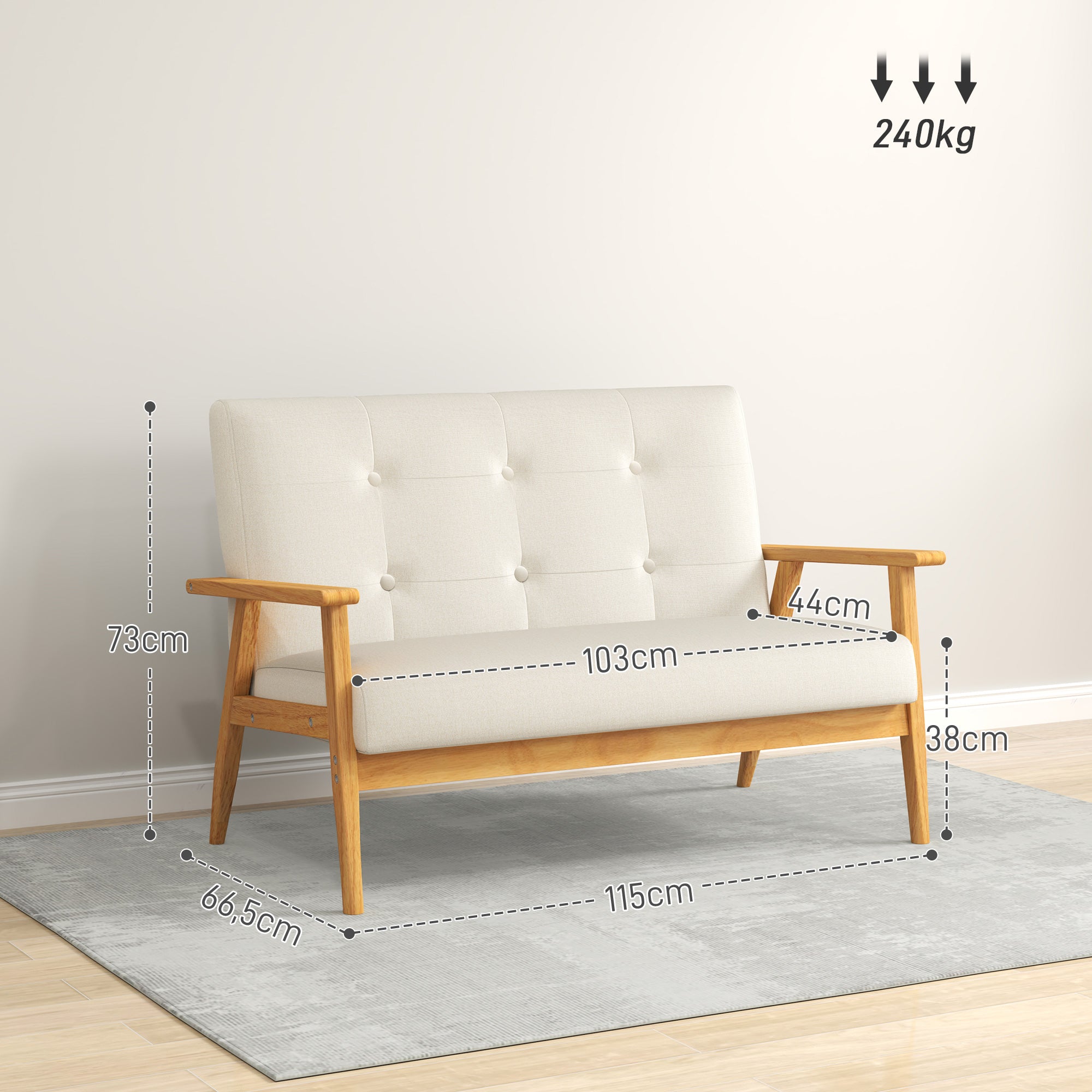 Canapé 3 places 115 cm, canapé scandinave avec dossier capitonné, assise rembourrée et accoudoirs, pieds en bois d'hévéa, pour salon, chambre, petit espace, beige
