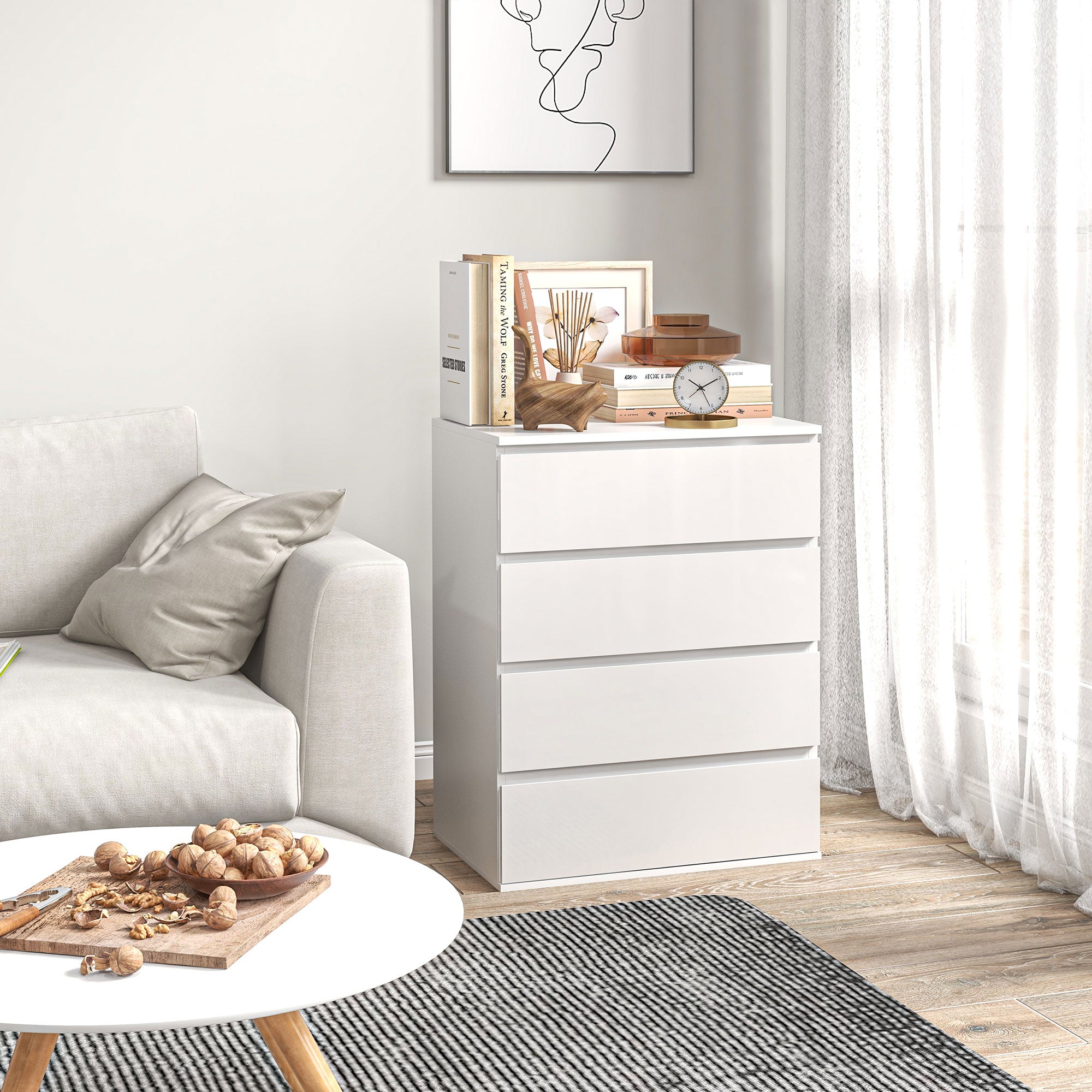 Commode 4 tiroirs commode chambre meuble de rangement épuré style moderne avec mécanisme de fermeture en douceur, pour chambre à coucher, salon - 60 x 40 x 80 cm, blanc