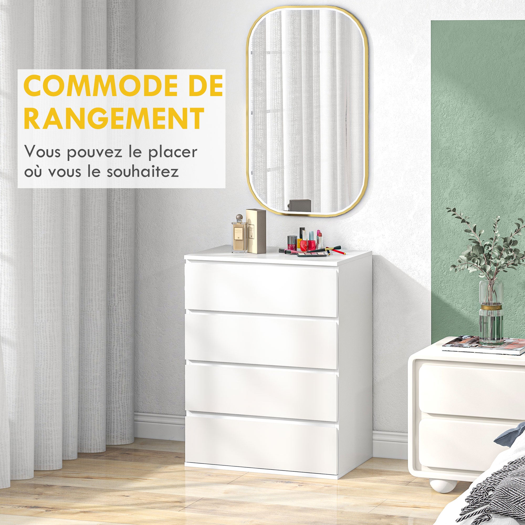 Commode 4 tiroirs commode chambre meuble de rangement épuré style moderne avec mécanisme de fermeture en douceur, pour chambre à coucher, salon - 60 x 40 x 80 cm, blanc
