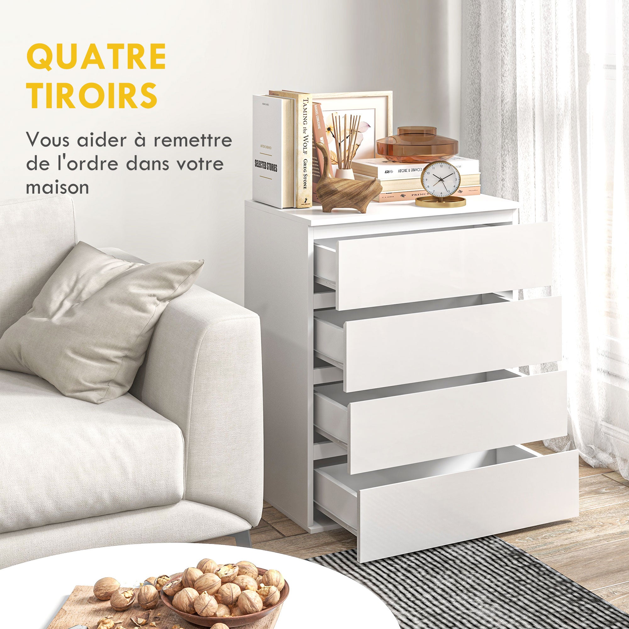 Commode 4 tiroirs commode chambre meuble de rangement épuré style moderne avec mécanisme de fermeture en douceur, pour chambre à coucher, salon - 60 x 40 x 80 cm, blanc