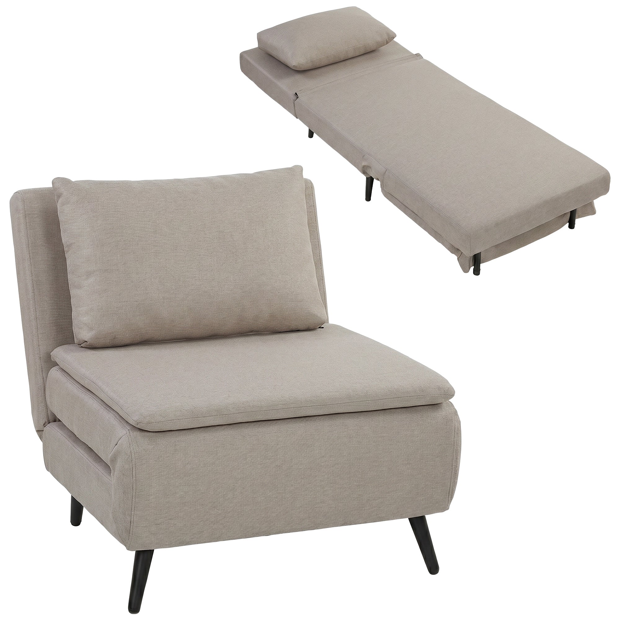 Fauteuil Convertible 1 Place, Fauteuil-Lit Clic-Clac 3 en 1 avec Dossier Réglable, Oreiller, Assise Large, Ressorts en S, Canapé-Lit Rembourré en Lin pour Invités, Salon, Bureau, Marron Clair