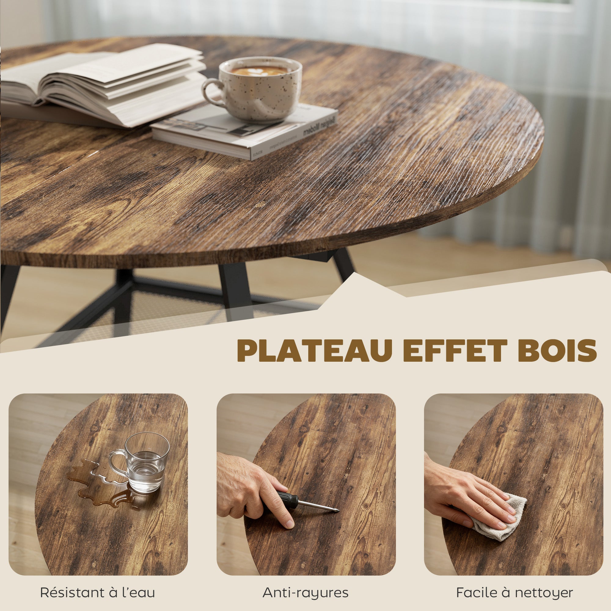 Table à manger ronde pour 4 personnes, Ø 100 x 76 cm, table de cuisine industrielle avec large plateau et étagère de rangement, cadre en métal, brun rustique