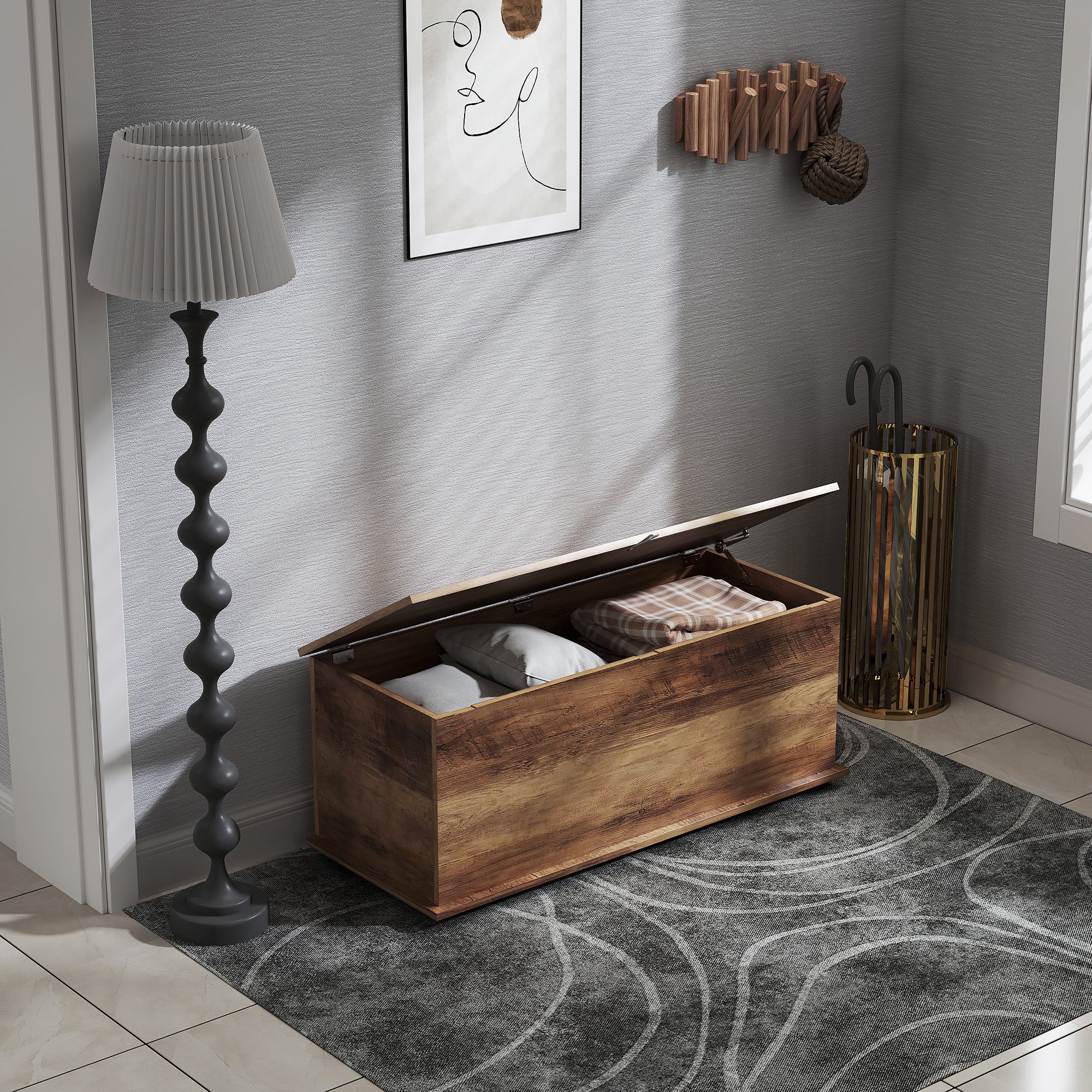 Coffre de rangement, banc de rangement avec couvercle rabattable et charnières de sécurité, banc chaussures, meuble d'entrée, couloir, chambre, salon, 100 x 40 x 40 cm, marron grain bois