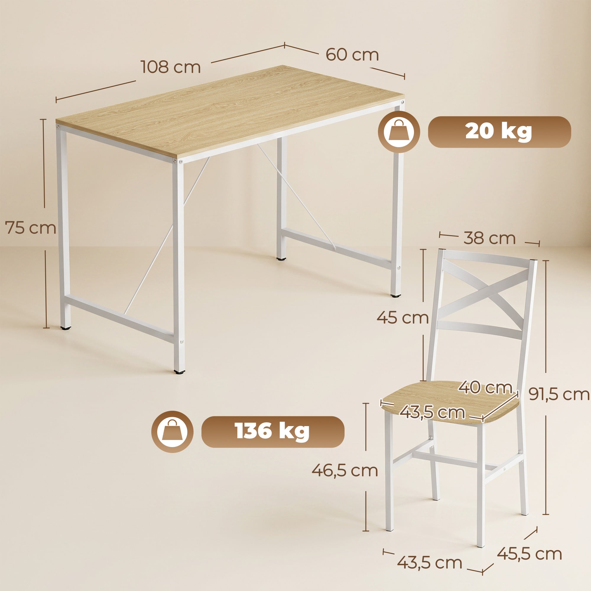 Ensemble Table Salle à Manger avec 4 Chaises, Table de Cuisine avec Chaises pour 4 Personnes, Plateau 108x60cm, Style Nordique, Cadre en Acier, pour Salon, Petit Espace, Bois Naturel et Blanc