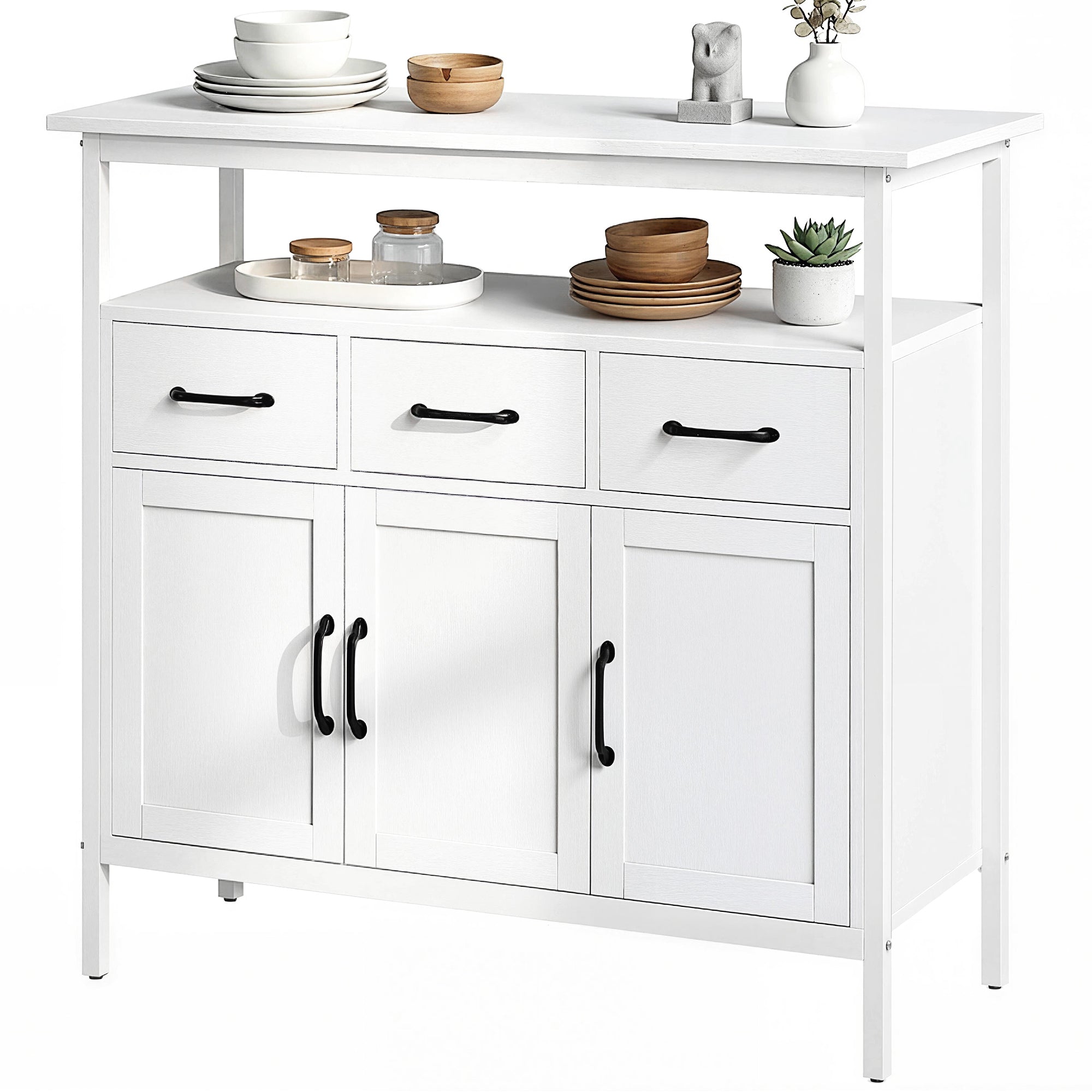 Buffet Cuisine, Meuble de Rangement avec 3 Portes, 3 Tiroirs, Compartiment Ouvert et Étagères Réglables, Style Moderne, pour Salon et Chambre, 95 x 35 x 88 cm, Blanc
