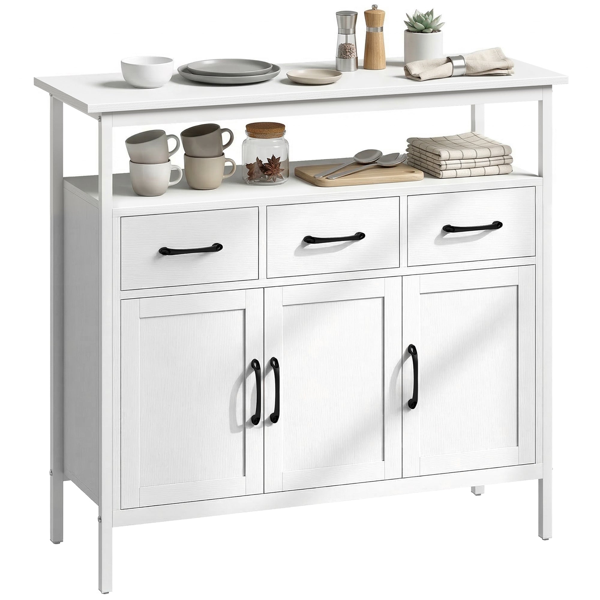 Buffet Cuisine, Meuble de Rangement avec 3 Portes, 3 Tiroirs, Compartiment Ouvert et Étagères Réglables, Style Moderne, pour Salon et Chambre, 95 x 35 x 88 cm, Blanc