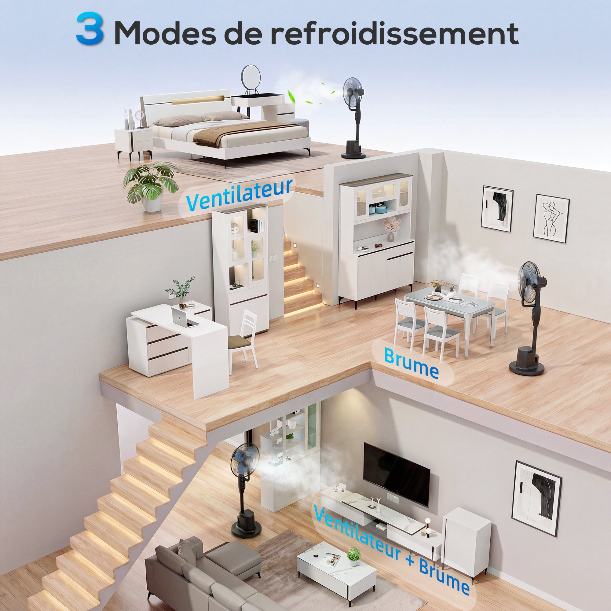 Ventilateur brumisateur silencieux 90 W, ventilateur sur pied 128 cm, oscillation 70°, 3 vitesses, 3 modes, réservoir d'eau 3,5 L, télécommande, minuterie 8 h, pour maison, bureau, noir