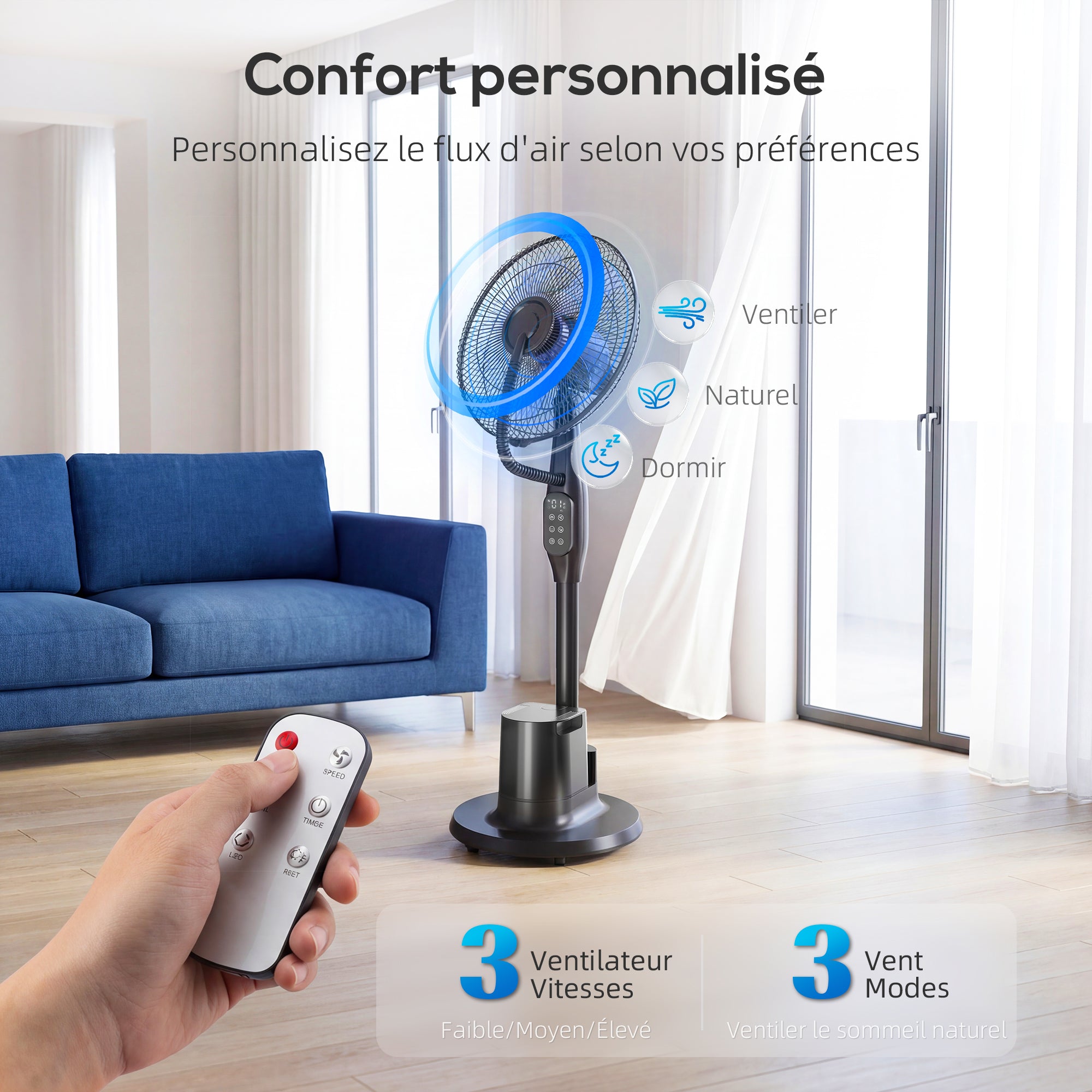 Ventilateur brumisateur silencieux 90 W, ventilateur sur pied 128 cm, oscillation 70°, 3 vitesses, 3 modes, réservoir d'eau 3,5 L, télécommande, minuterie 8 h, pour maison, bureau, noir