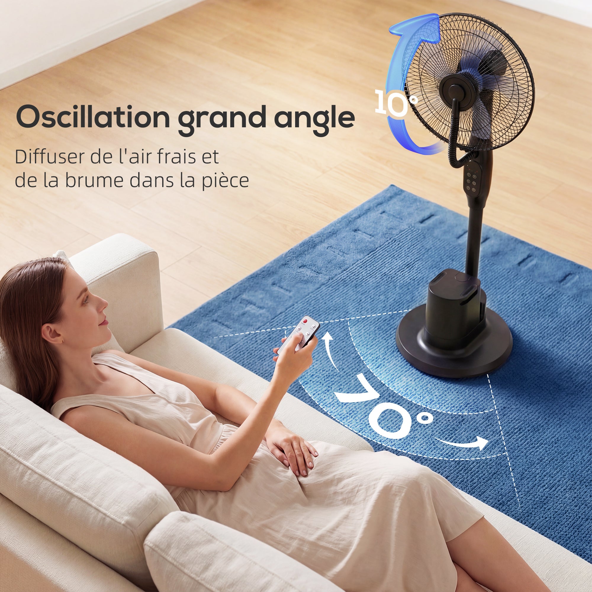Ventilateur brumisateur silencieux 90 W, ventilateur sur pied 128 cm, oscillation 70°, 3 vitesses, 3 modes, réservoir d'eau 3,5 L, télécommande, minuterie 8 h, pour maison, bureau, noir