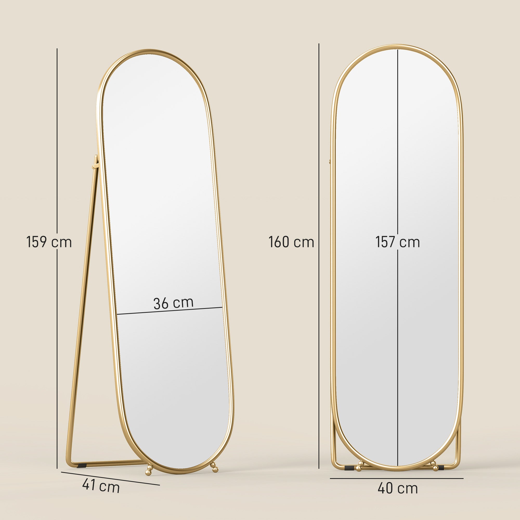 Grand miroir sur pied, miroir ovale, cadre en métal doré, avec support pour entrée, chambre, dressing, 40 x 160 cm