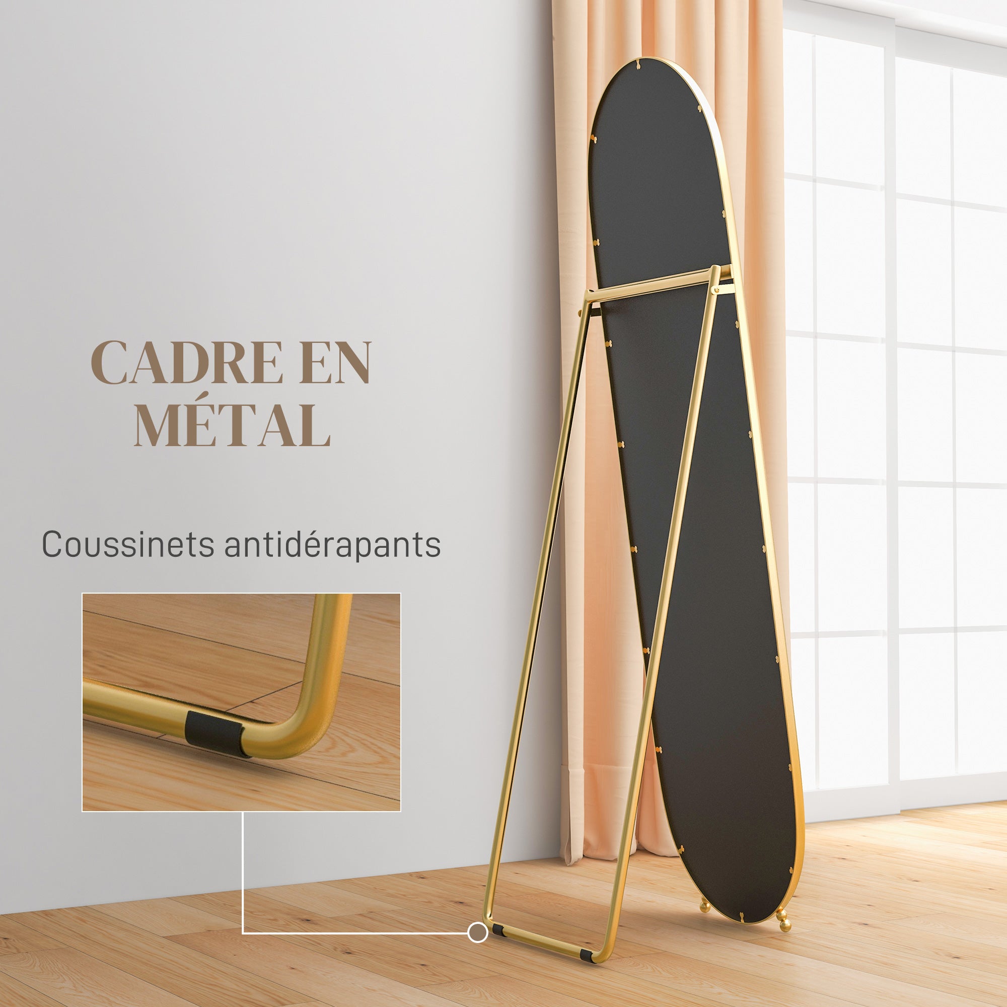 Grand miroir sur pied, miroir ovale, cadre en métal doré, avec support pour entrée, chambre, dressing, 40 x 160 cm