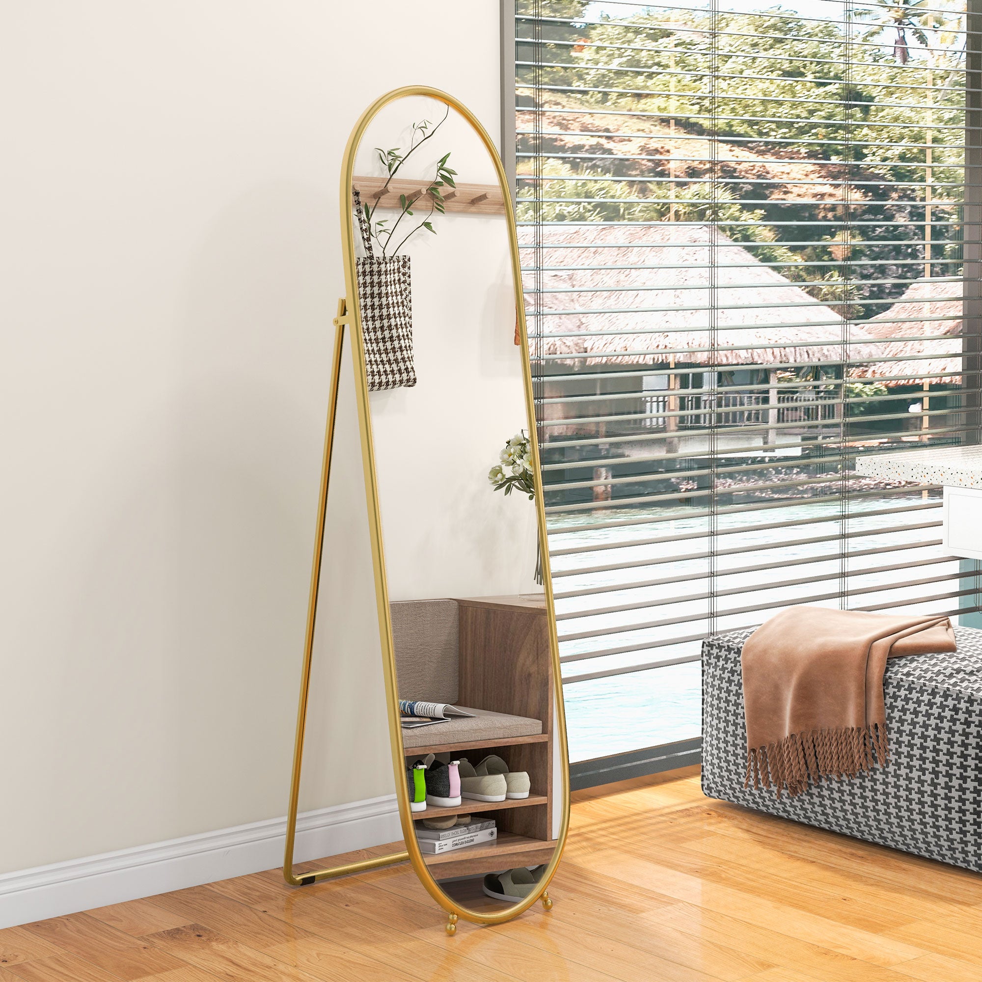 Grand miroir sur pied, miroir ovale, cadre en métal doré, avec support pour entrée, chambre, dressing, 40 x 160 cm