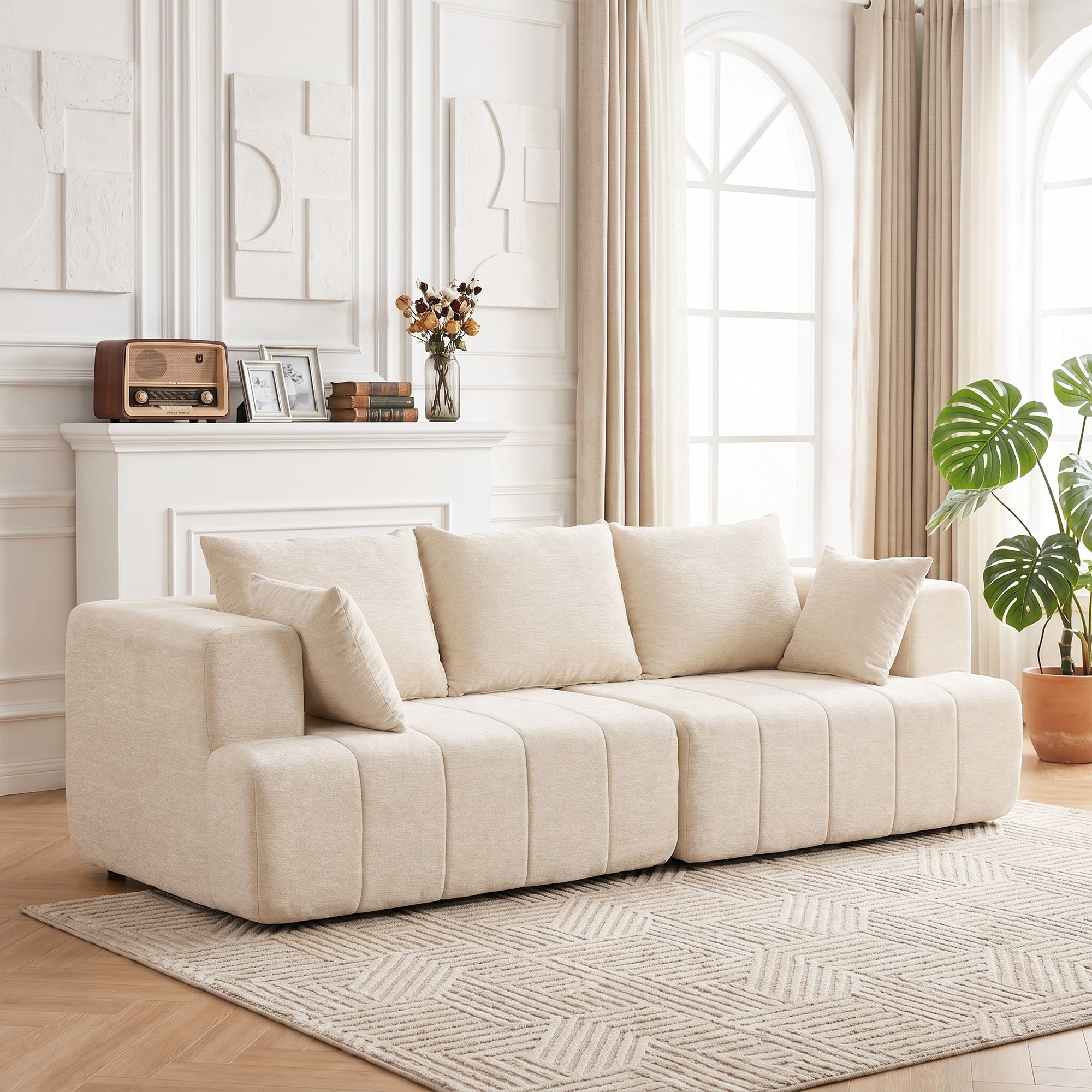 Canapé 3 places en chenille 248 cm, canapé salon moderne, large assise rembourrée, coussins à ressorts, larges accoudoirs, 2 coussins, base antidérapante, pour salon, chambre, beige