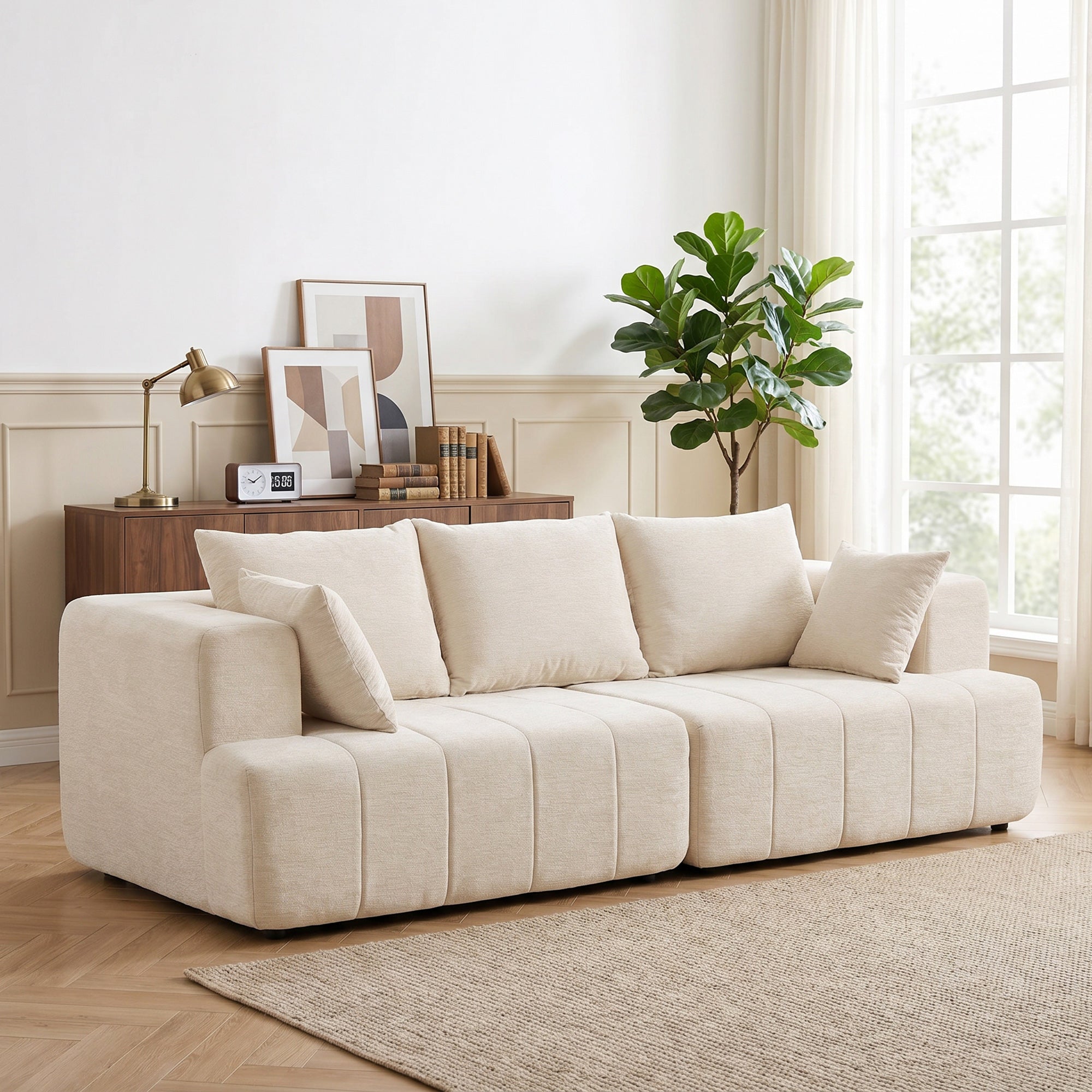 Canapé 3 places en chenille 248 cm, canapé salon moderne, large assise rembourrée, coussins à ressorts, larges accoudoirs, 2 coussins, base antidérapante, pour salon, chambre, beige