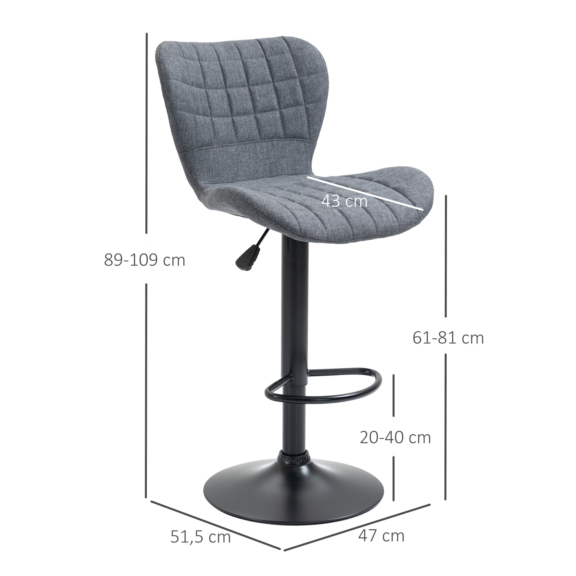 Lot de 2 Tabouret de Bar Design Dossier incurvé capitonné Hauteur d'assise réglable 61-81 cm pivotant 360° Repose-Pied Velours Gris